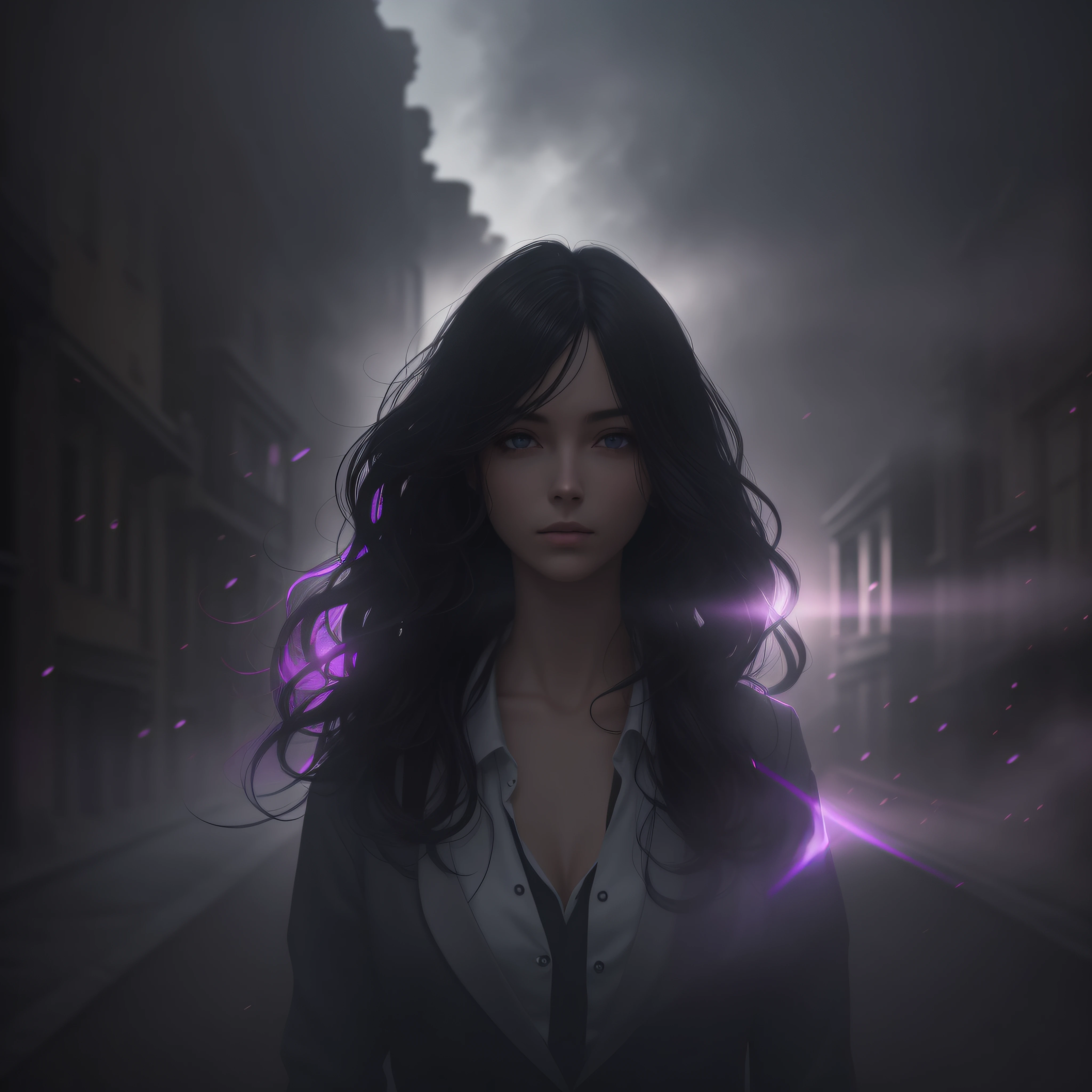 Woman walking head-on down a road at night, with fog and shadows, wavy and long black hair, detailed hand and fingers, high quality, ultra-detailed, 8k, masterpiece, (volumetric lighting), black magic, fanciful, lilac colors, purple, black and vivid shadows on the woman's return. --auto --s2