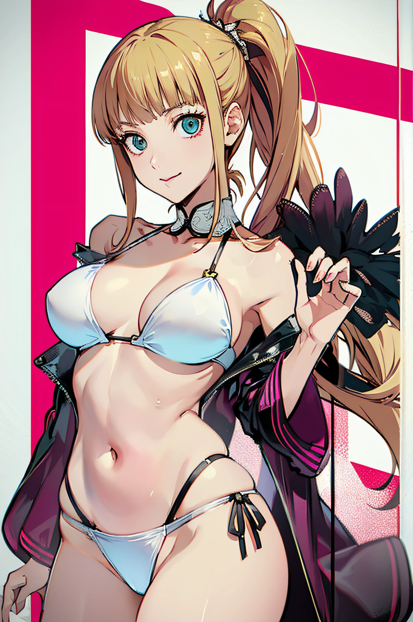 Persona 5 Art Style, Persona 5 Style, Kasumi Yoshizawa, Girl in Swimsuit, Full Length Portrait, High Quality, Ponytail, Small Breasts, Bangs, Smooth Thighs, Patsun, Top Quality, Ultra High Definition, Fine Eyes, Slender Legs, Fine Beautiful Eyes, 8K, White Bikini, Protruding Buttocks, Blonde, Blonde Hair