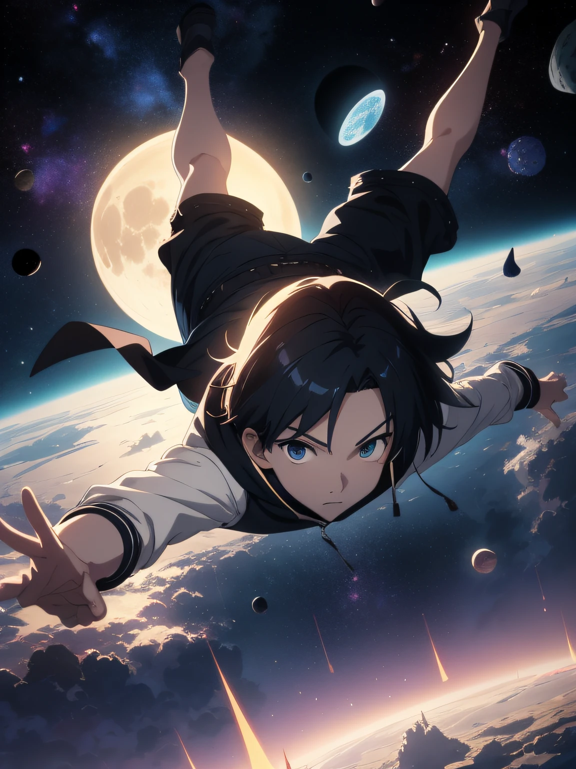 anime art wallpaper 4k, anime art wallpaper 4k, anime art wallpaper 8k, anime wallpaper 4k, anime wallpaper 4k, anime wallpaper 4k, by makoto shinkai, galaxy, stars, space, moondust, moon, craters, illustrated, ultra-detailed, 1boy, stunning facial features, falling, in space, floating