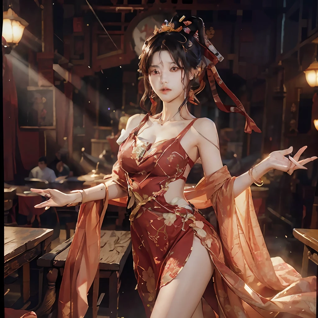 Ace, 4k, High Resolution, Masterpiece, Best Quality, Head: 1.3, (Korean K-pop Idol), Delicate Skin, Sharp Focus, (Cinema Lighting), Clavicle, Morning, Soft Light, Dynamic Angle, [:(detailed face:1.2):0.2], armpit wrinkles, thigh gap, red dress, slim, mid-chest, cleavage, full body, --auto