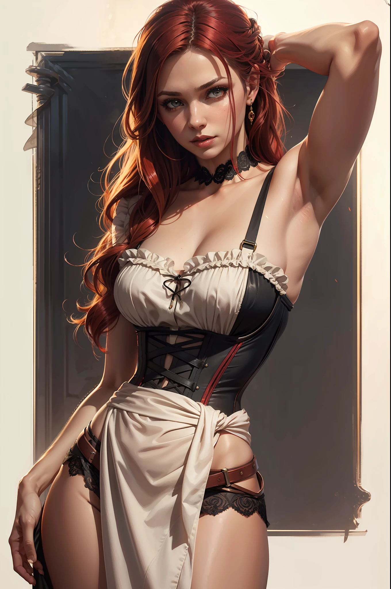 Red maid, black dress with belt around the waist, long flowing hair, black corset, clarinet, red hair, digital art, photorealistic, beautiful, intricate, very detailed, popular on Artstation, art by Artgerm and Greg Rutkowski and Alphonse Mucha