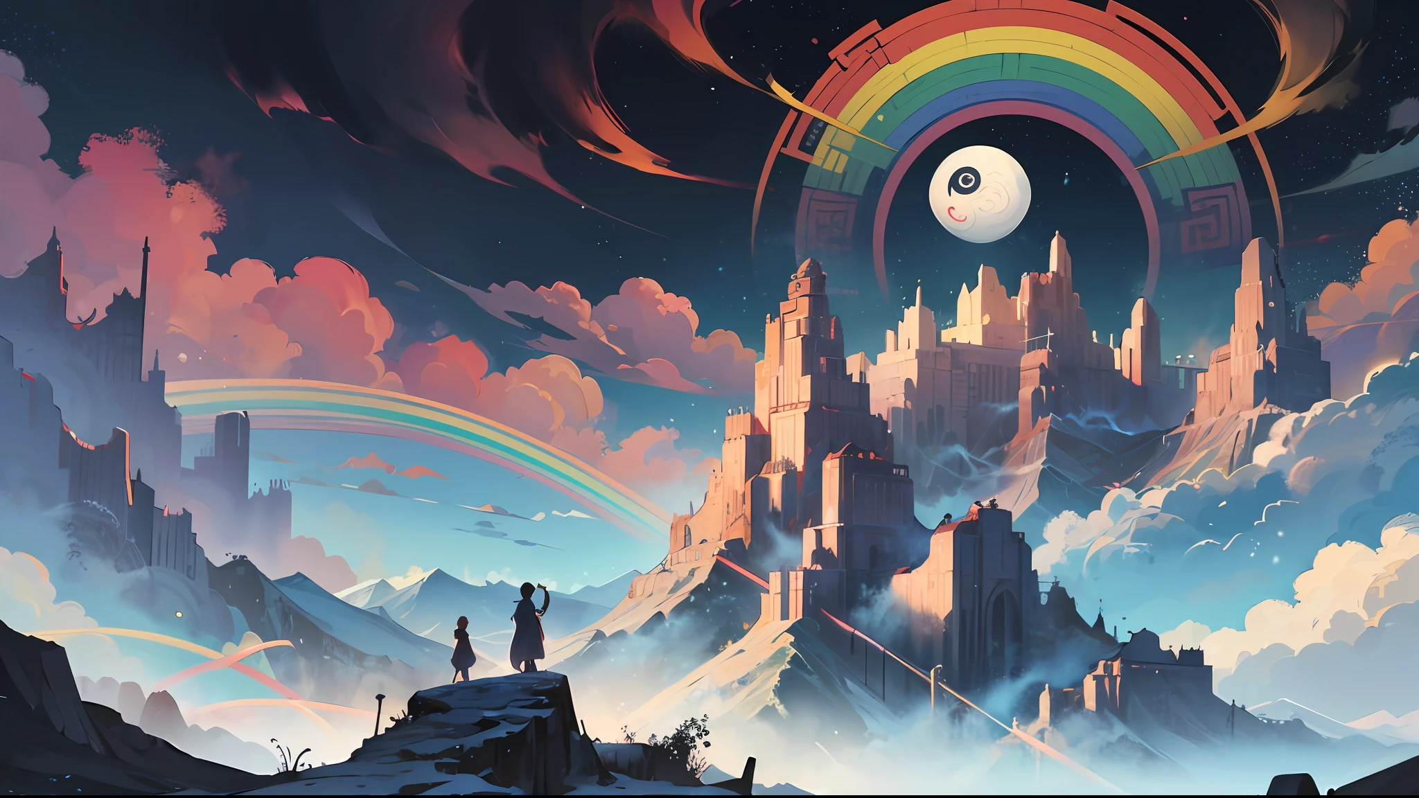 An ancient Chinese painting, ancient Chinese background, mountains, rivers, auspicious clouds, pavilions, sunshine,(psychedelic details),(mushrooms),(rainbow),(trippy),(DMT),(Bodhisattva),(yin yang),(beautiful face),intricate details, more details, high details,masterpieces, super detail, epic composition, ultra HD, high quality, extremely detailed, official art, unified 8k wallpaper, Super detail, 32k -- v 6, —ar 9:16 --auto --s2