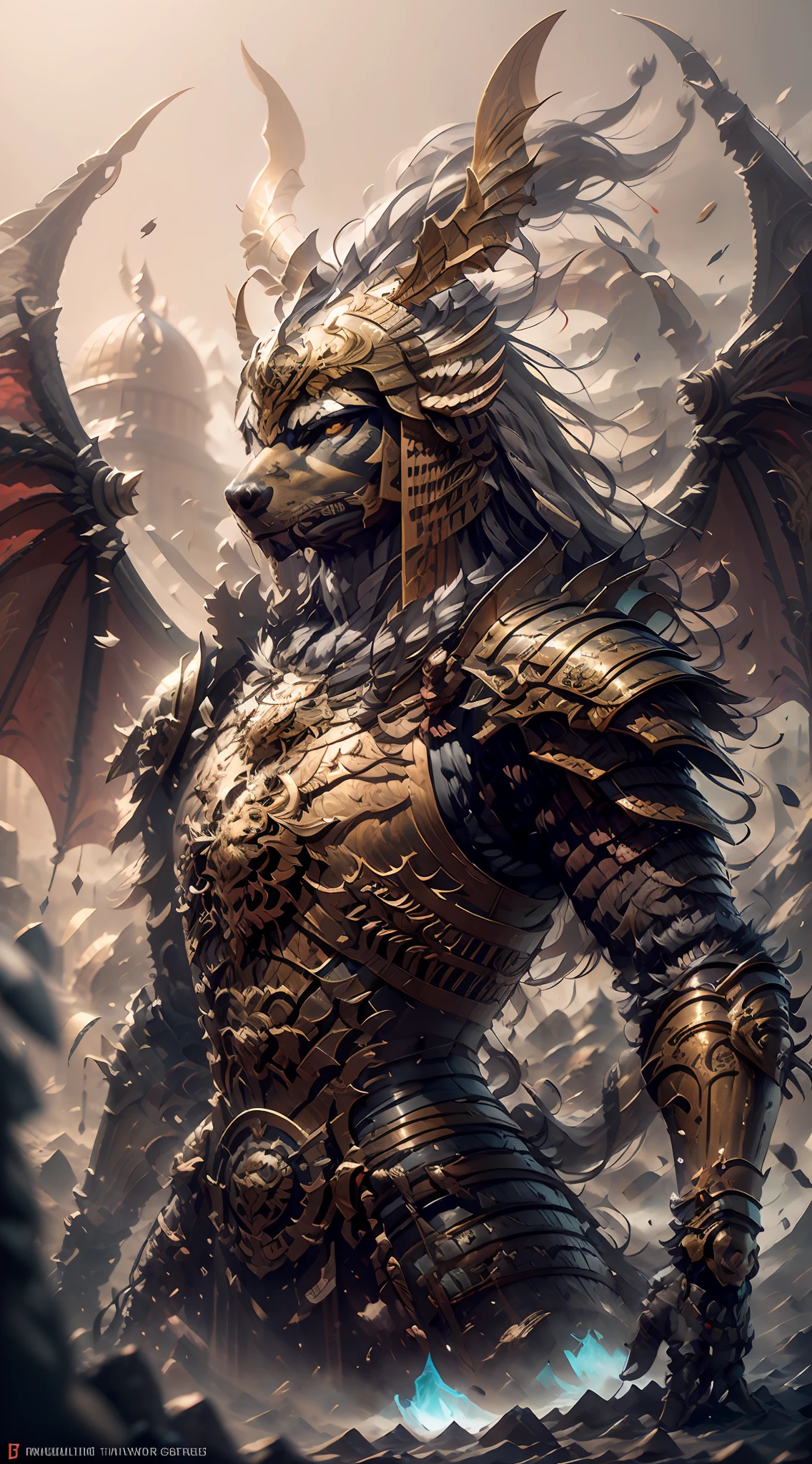 (Full Body Complex Armor: 1.2), (Full Body Blood: 3) There is a digital painting of an animal with a golden head and horns, portrait of a dragoon, mysterious Anubis Valkyrie, ultra-detailed fantasy figures, cyborg dragon portraits, sleipnir, photo of the ghost of Anubis, 4k detail fantasy, trend on polycount, zbrush competition winner, drawn with zbrush, zbrush central competition winner,