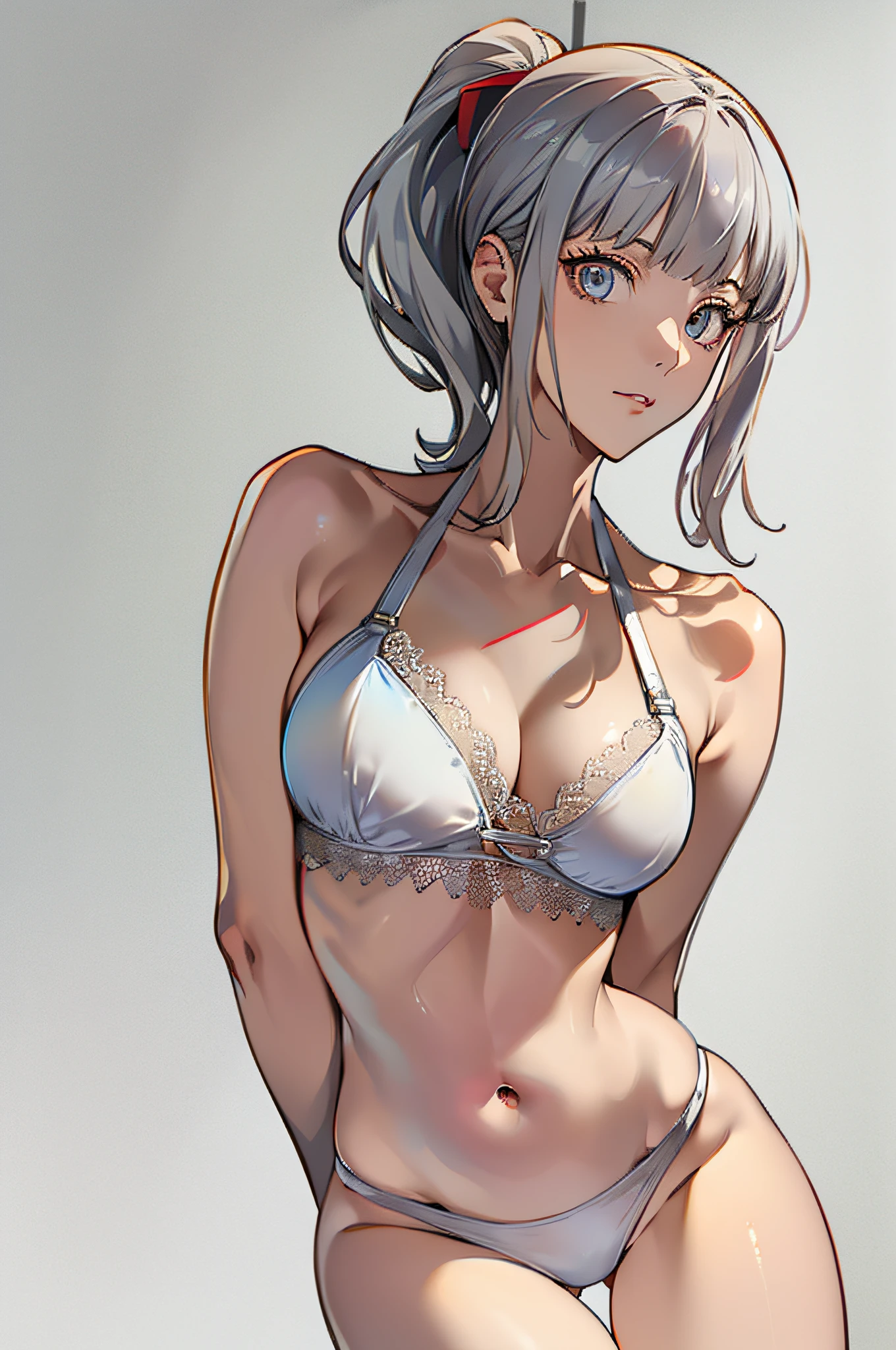Persona 5 Art Style, Persona 5 Style, Kasumi Yoshizawa, Girl in Swimsuit, Full Length Portrait, High Quality, Ponytail, Small Breasts, Bangs, Smooth Thighs, Patsun, Top Quality, Ultra High Definition, Fine Eyes, Slender Legs, Fine Beautiful Eyes, 8K, White Bikini, Protruding Buttocks, Silver Hair, Silver Hair