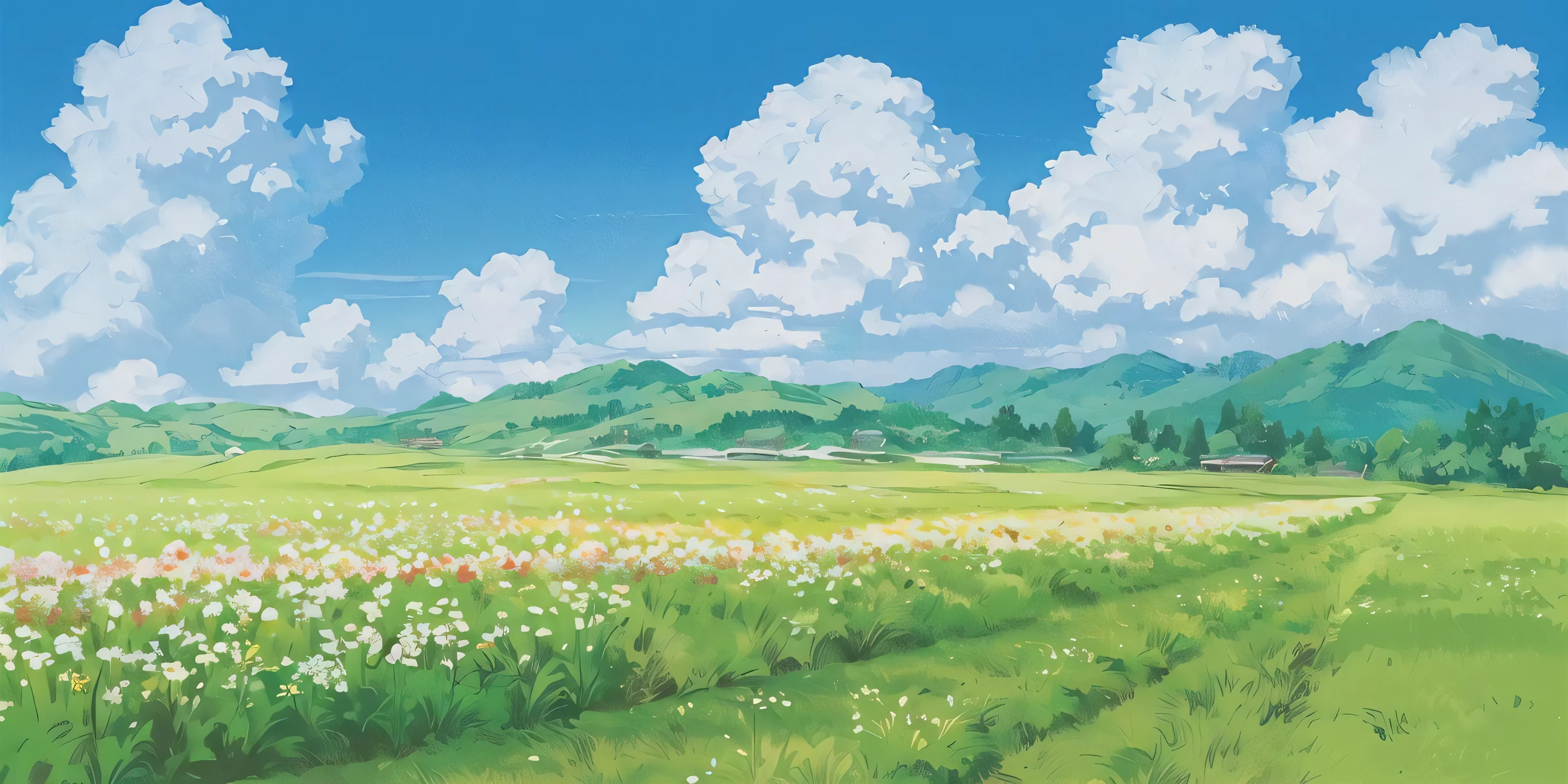 (((best quality))),blue_sky, cloud, cloudy_sky, condensation_trail, dandelion, day, field, flower, flower_field, holding_flower, horizon, kazami_yuuka, mountain, mountainous_horizon, outdoors, sky, straw_hat, summer