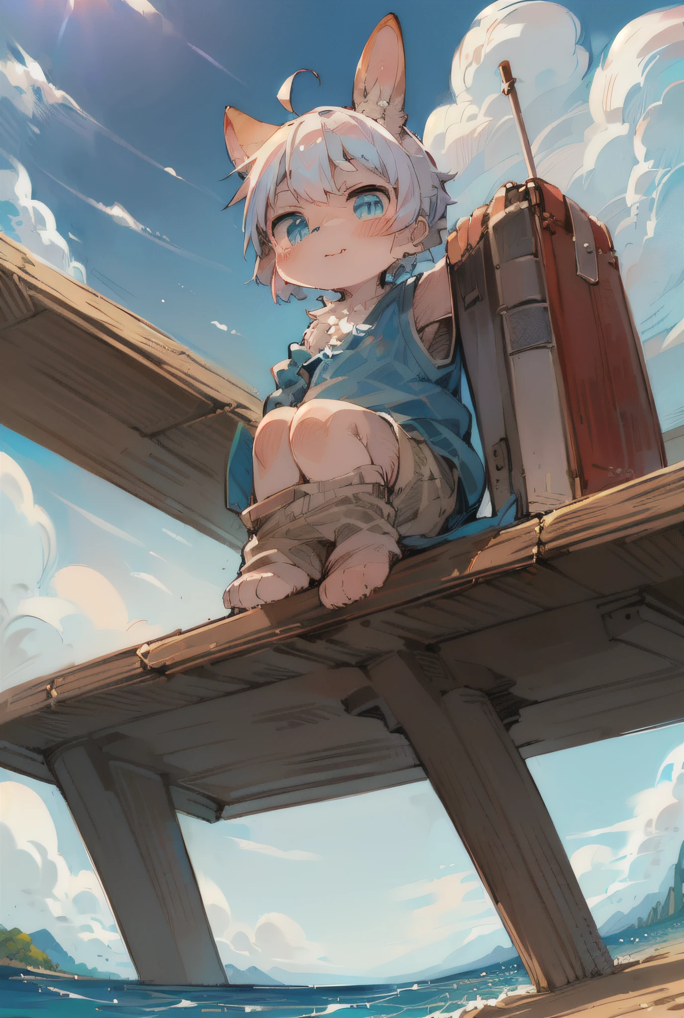 Masterpiece, high quality, absurd resolution, digital painting \ (artwork \), by dagasi, yupa, kiyosan, (fluffy fur, white fur, full body fur,), human male. Blue eyes, bright eyes, panorama, character focus. Detailed background, (loose clothes: 1.2), (rabbit, sea: 1.3)