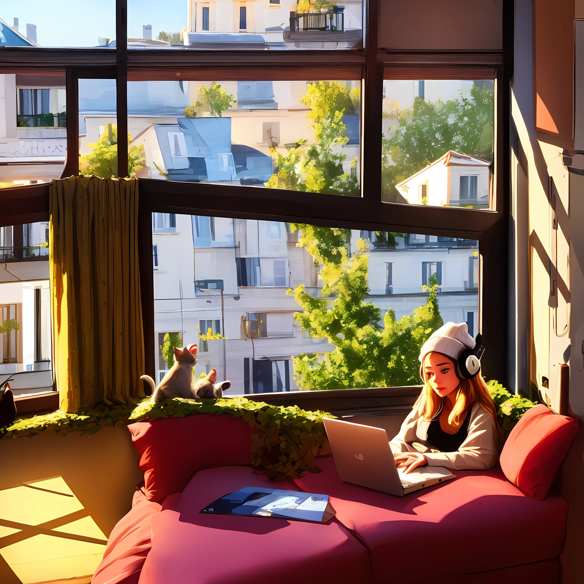 "The image shows a Brazilian girl with a lo-fi style, sitting in her room. She is wearing a Brazilian national team jersey while studying. There's an open laptop in front of her, and headphones are over her ears, indicating she's listening to music while studying. In the corner of the room, a cat is lying comfortably on a cushion, watching her intently. Behind it, a wide window reveals a stunning view of a lush, colorful garden with vibrant flowers and leafy trees. The soft sunlight illuminates the room, creating a warm and tranquil atmosphere." young, studying, with headphones, in the room semi esc, 1girl, writing, sideways, serene \(pokemon\), blonde hair, short hair, headphones, beanie, camouflage uniform, window, Paris background, night