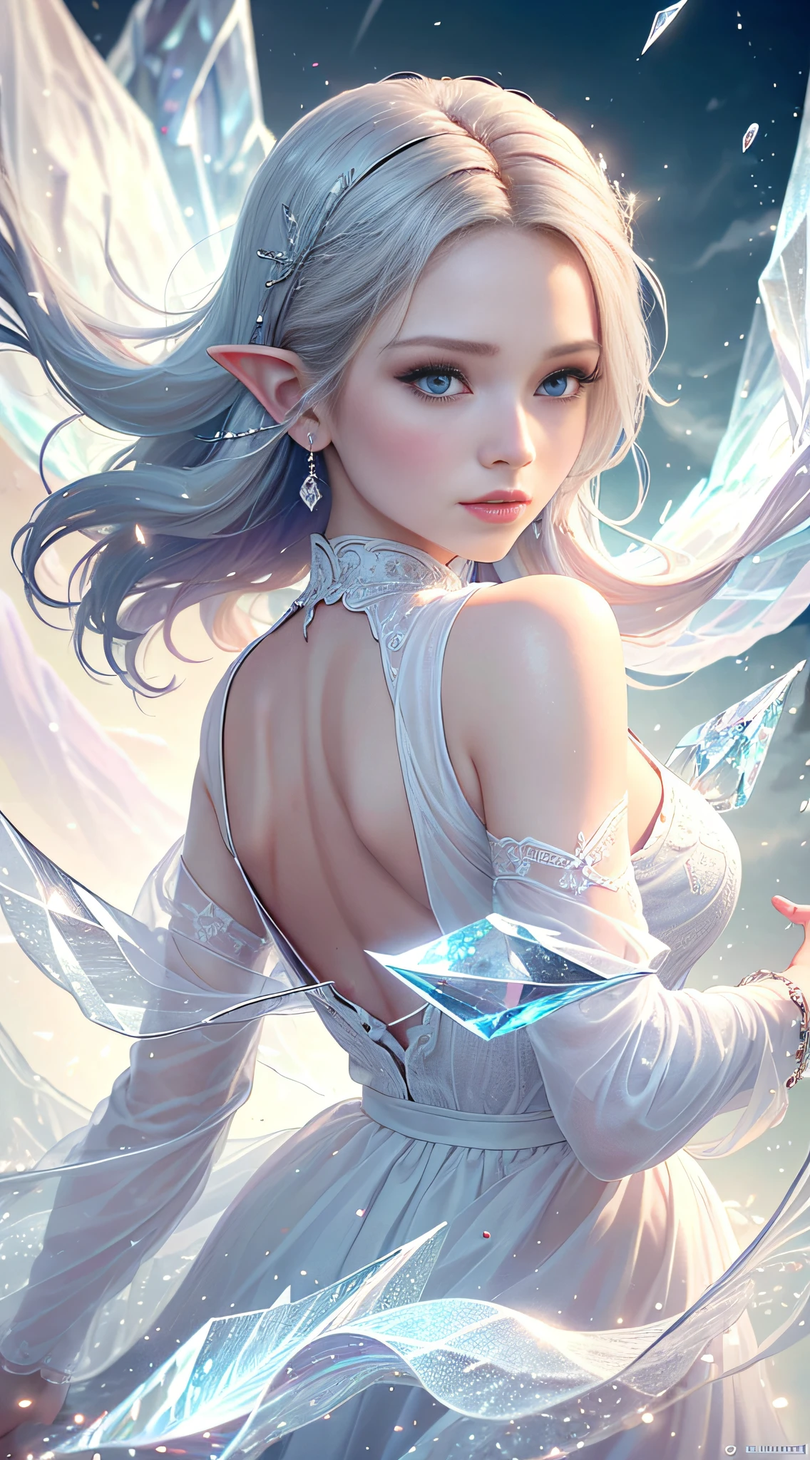 (Masterpiece, Top Quality, Best, Official Art, Beautiful and Aesthetic, Long Exposure: 1.2), Smooth Movement, Charming Patterns, 1 Girl, (Long Dress with Sleeves: 1.3), (((White Clothes) )), upper body close-up, bare shoulders, Chinese girl, blush, black lob hair, portrait, solo, upper body, looking at the observer, detailed background, detailed face, (crystallineAI, crystalline theme:1.1), elemental wind elves, rotation Wind, control the wind, white crystal clothing, dynamic pose, floating particles, ethereal dynamics, whirlwind, vapor, whirlwind in the background, white tone, whirlwind, ethereal atmosphere,