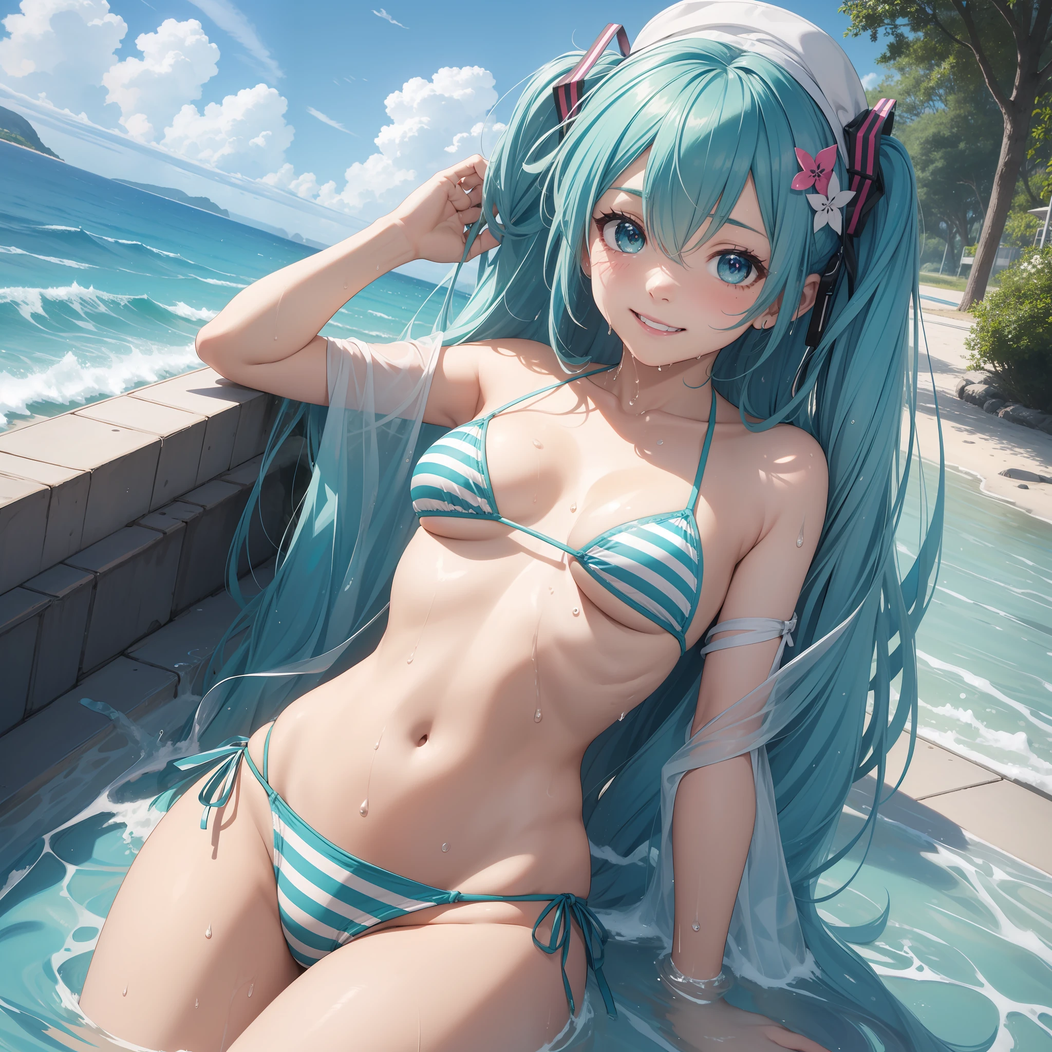one girl、Striped micro bikini、Cute、all body、bishojo、(hatsuneMiku)、Wet body、Perfect body、Sorrisos、by the sea、highest quality、beste Qualität、Ultra high Resolution、걸작、