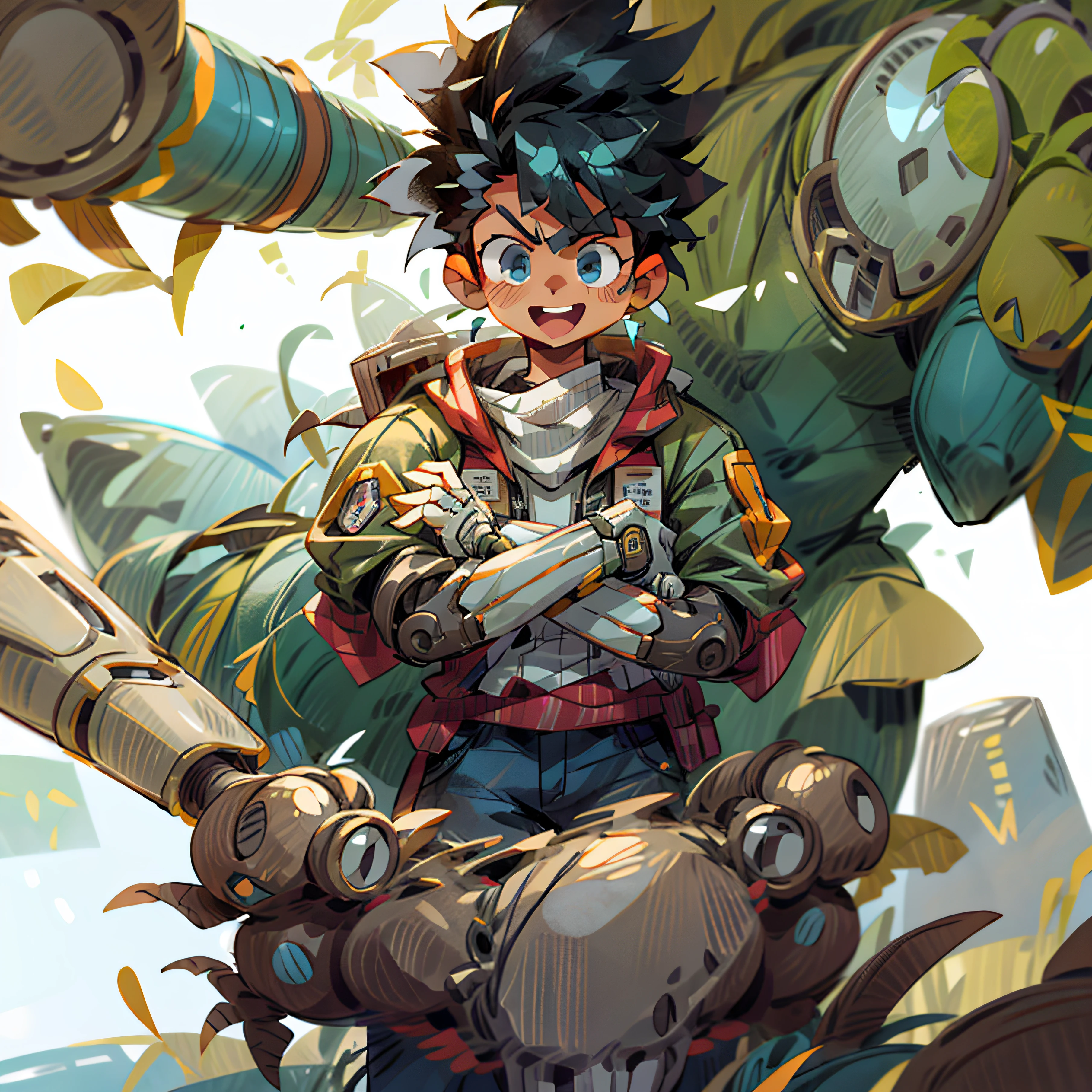 (masterpiece, best quality: 1.2), cowboy shooting, strong, muscular, solo, male approach, 1boy, vegetto, smile, looking at the viewer, crossed arms, black hair, spiked hair, blue eyes, dougi, white gloves, pectorals, desert background, levitating stones. Dark_Fantasy, Cyberpunk,, 1man, mechanical wonder, robotic presence, cybernetic guardian,