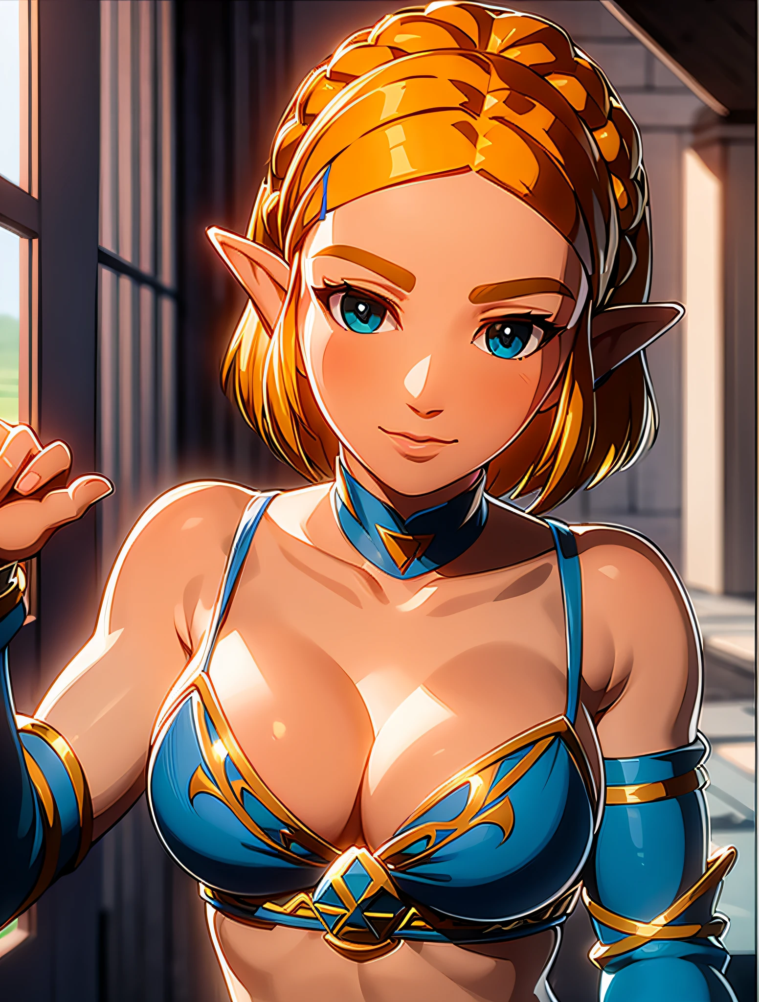 masterpiece,best quality,zelda\(princess\), 1girl, solo, large breasts,short_hair, cleavage, bare arms, bare stomach, sleeveless, smile, thin, lingerie