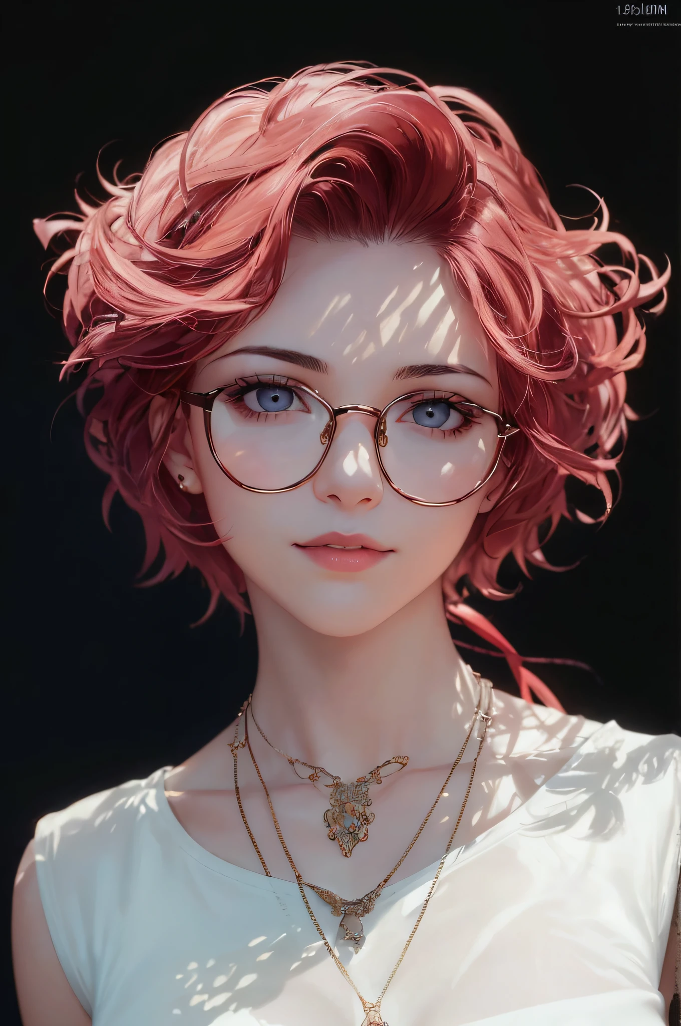 Fine portrait of a beautiful young woman with half-rimmed glasses, (raw photo: 1.2, masterpiece, excellent, 8k resolution, best quality, finely detail, photo realism: 1.2), ((perfect female body)), delicate face, smooth burgundy short hair, delicate black eyes, rosy delicate thin lips, calm, light smile, (delicate high-detail face: 1.2, high-detail skin: 1.3, glossy skin: 0.8), sexy, slim body, Collarbone, bare shoulders, large boobs, cleavage, (nipple: 1.2), (cameltoe: 1.5), (sleeveless round neck white T-shirt, sheer clothes), fashion gold wire-rimmed glasses, (necklace: 1.6), front face, looking at the camera, portrait photos, realistic light, realistic shadows, film lighting, parks, trails, flowers, kiosks