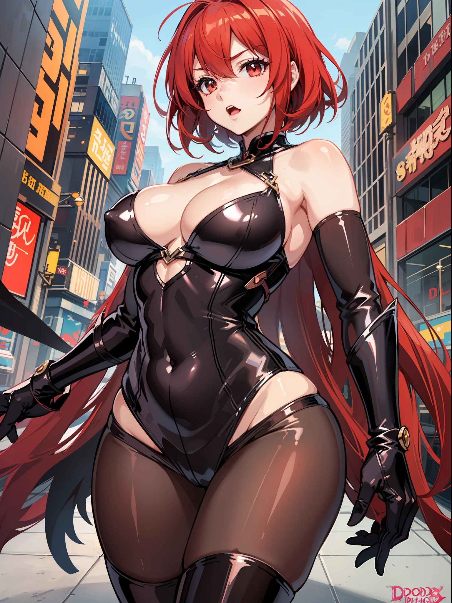 Beautiful high school dxd rias gremory superheroine, tall, large chest, strong build, strong jaw line, very wide mouth, dark eye shadow, wide shoulders, red hair bob cut, red hair chin-length bob cut, red hair, super hero pose, highly detailed,