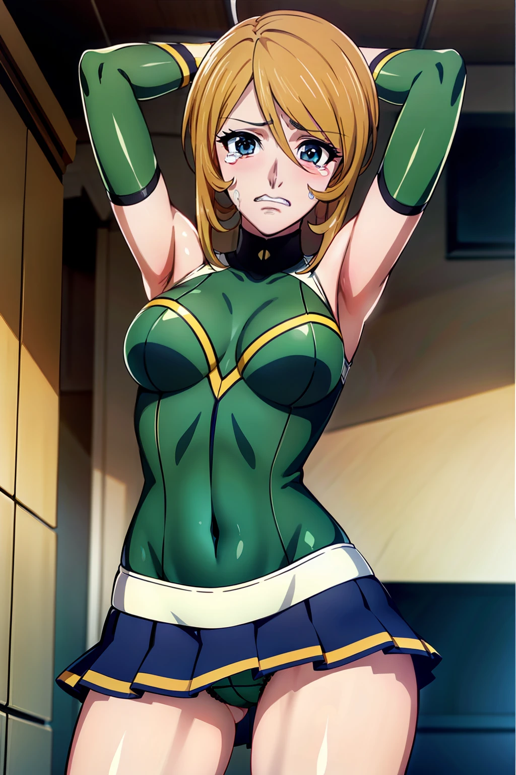 from below:1.3,8k, 1girl,dark room,cheerleader costume with micro miniskirt,see sexy-white-panty, night, medium breasts,with natural pointy tits ,arms up, looking at viewer, 1 girl, 18yo,Young female,Beautiful Finger,Beautiful long legs,Beautiful body,Beautiful Nose,Beautiful character design, perfect eyes, perfect face,(frown,clench teeth,disgust,crying,nose-blushing,:1.2), solo focus, cowboy shot, (masterpiece:1.4),(best quality:1.4),(shiny skin),steaming body ,