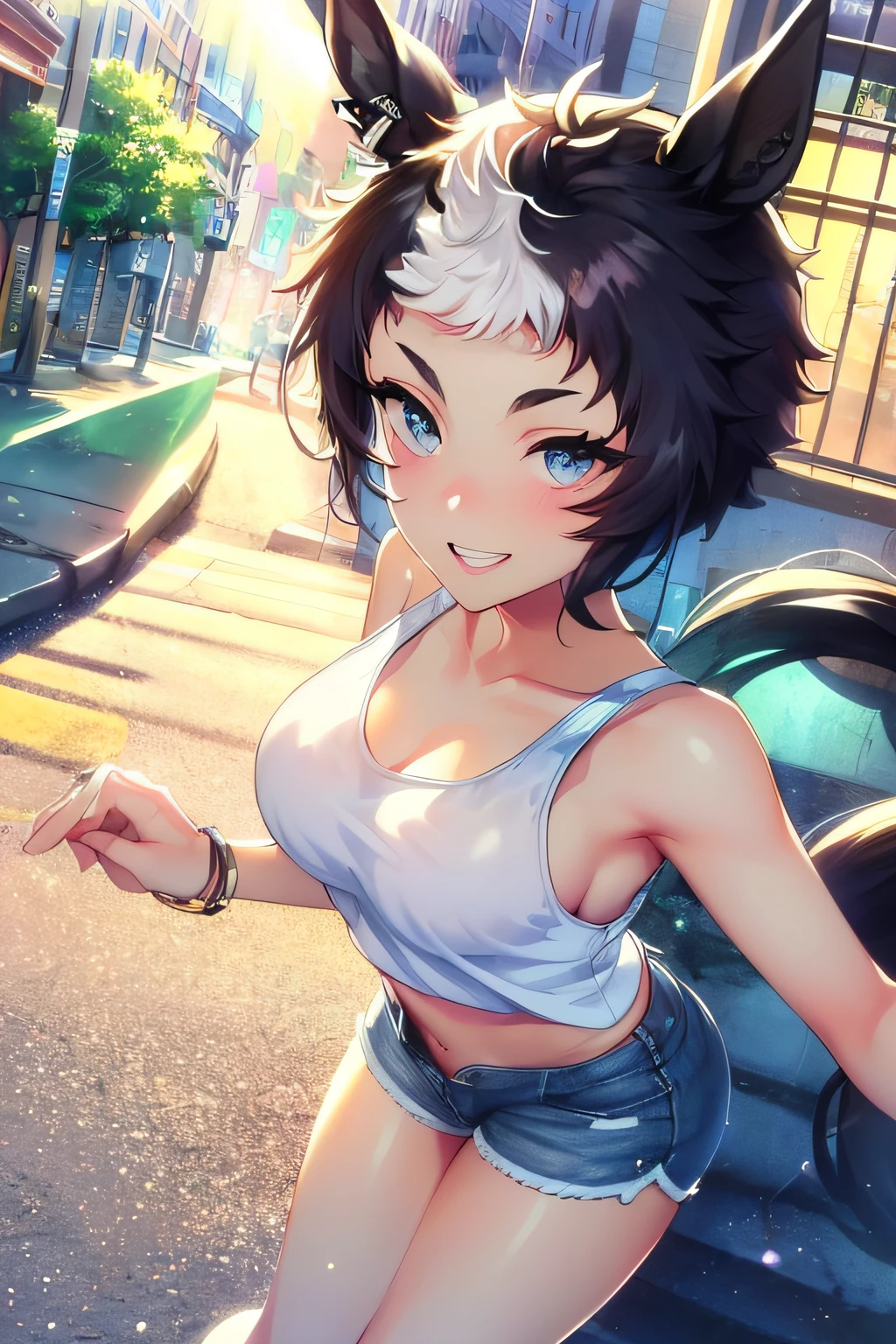 white bangs, accessories on the ears,