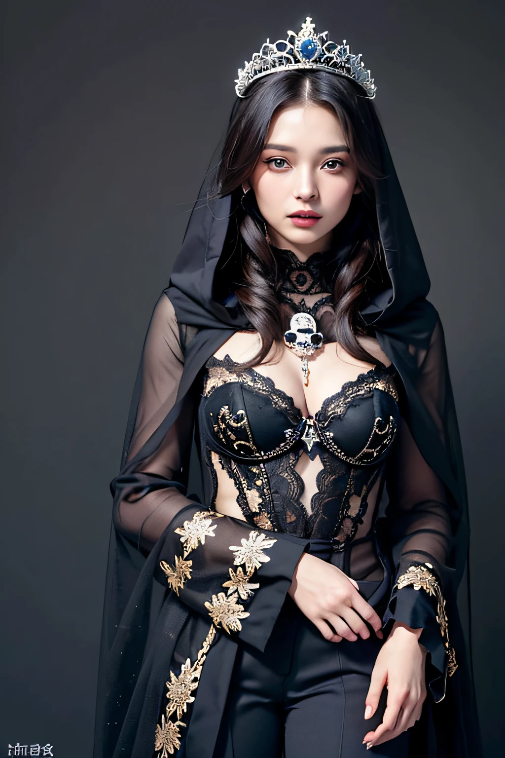 (Masterpiece, Best Quality, Realistic: 1.37), (Intricate and delicate, highly detailed skin and face), Beautiful Queen in black dress set, wrapped in luxurious dark hooded robe, dark rose and skull adorning her cloth, (tiara, rose, skull decoration, black, dark color), blue eyes, dark background, film soft lighting, thin trousers, full body shot