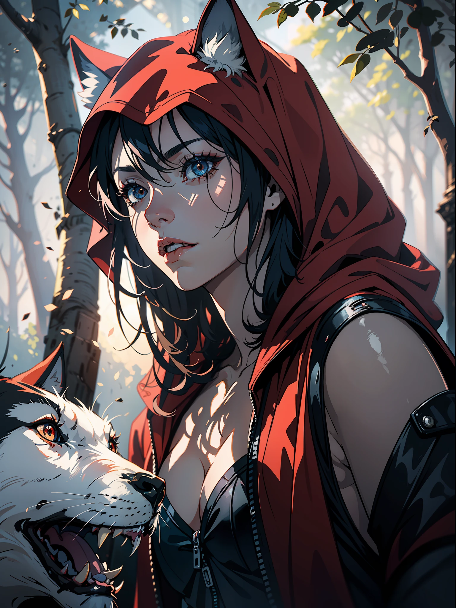 An evil Little Red Riding Hood, transformed into a werewolf, creating a striking contrast, exaggerated performance, masterpiece, best quality, dramatic tension, cinematic angle, ray tracing, depth of field, delicate detail, luminism, concept art