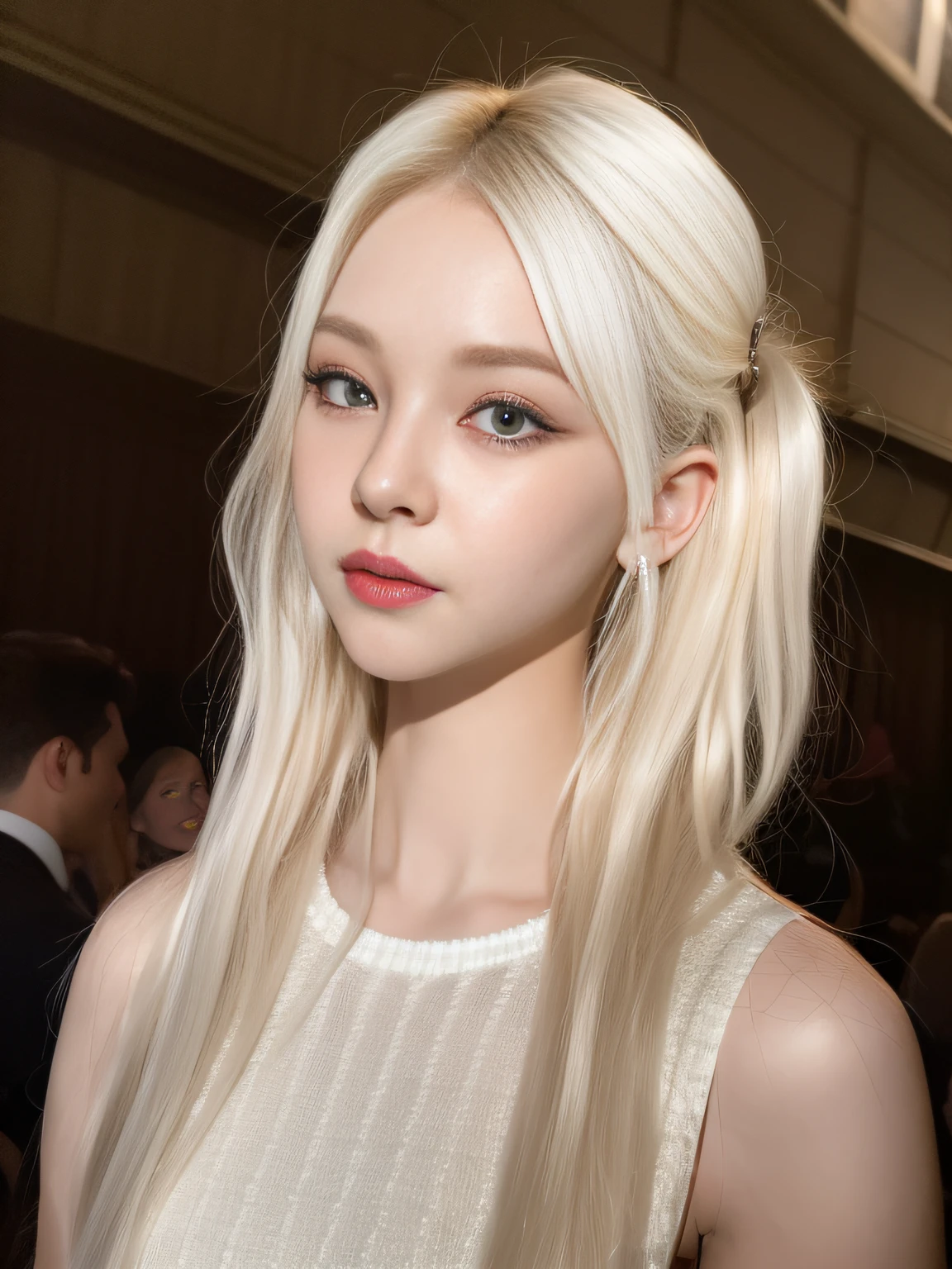 (8K, 4K, Best Quality, Highres, Ultra High Res:1.1), (Masterpiece, Realistic, Photo-Realistic:1.1), 1girl, Face, Close-Up, Twintails, Blonde Hair, Black Eyes, Red Lips, (Looking in Audience: 2), White slip dress,, ridiculously long hair, long eyelashes, eye shadow, small face, big eyes, bare shoulders, high contrast,