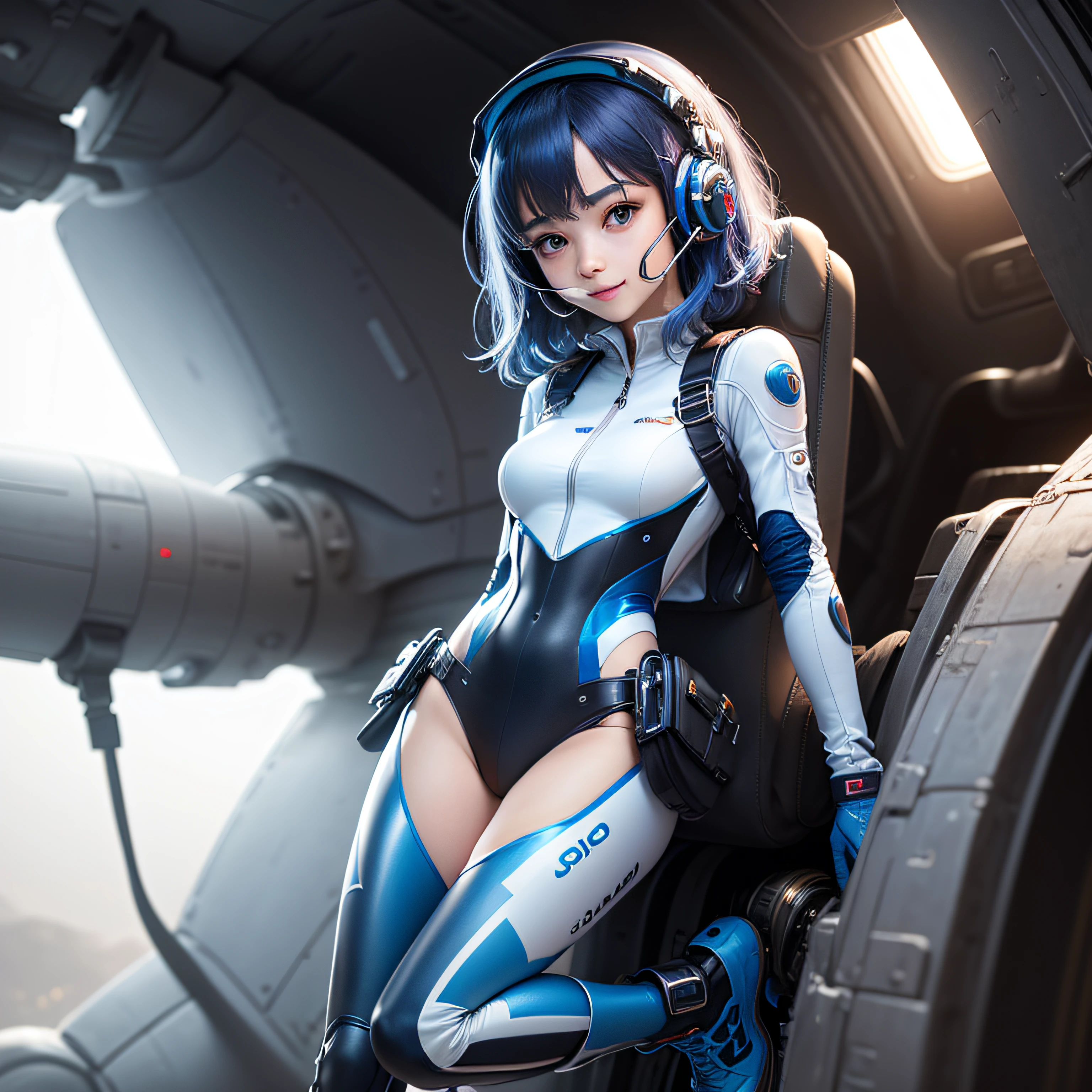 (masterpiece, highest quality, highest resolution, distinct_image, detailed details): (Solo, lone girl, face is Japan person, short cut, blue-haired girl, full body figure, (perfect body: 1.4), sparkly blue color eyes, pilot suit in white and blue color, tight fit clothes, clothes covering the whole body, very delicate and beautiful, detailed skin, slim body, exoskeleton, Gentle smile, heroine, headset, boots)