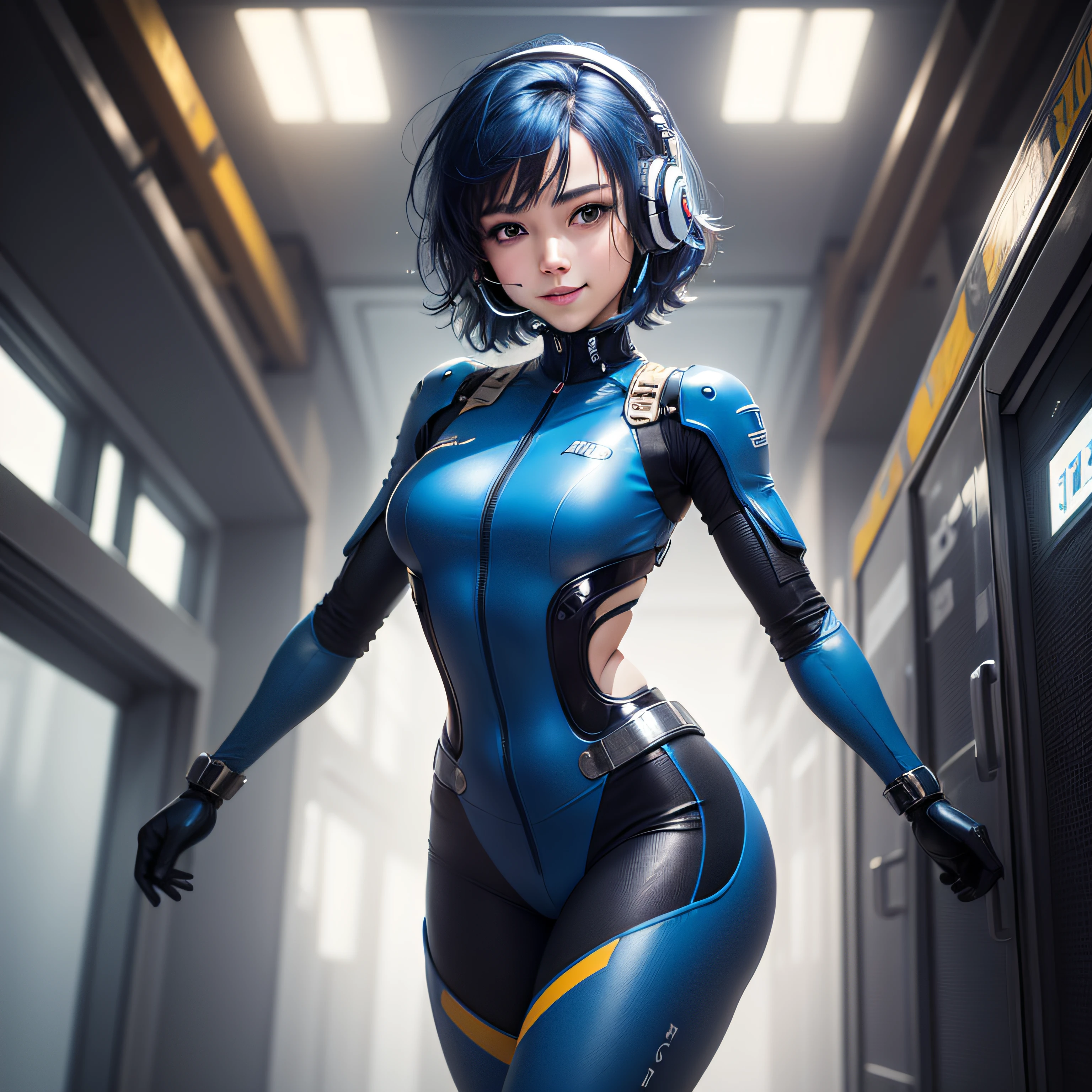 (masterpiece, highest quality, highest resolution, distinct_image, detailed details): (Solo, lone girl, face is Japan person, short cut, blue-haired girl, full body figure, (perfect body: 1.4), sparkly blue color eyes, pilot suit in white and blue color, tight fit clothes, clothes covering the whole body, very delicate and beautiful, detailed skin, slim body, exoskeleton, Gentle smile, heroine, headset, boots)