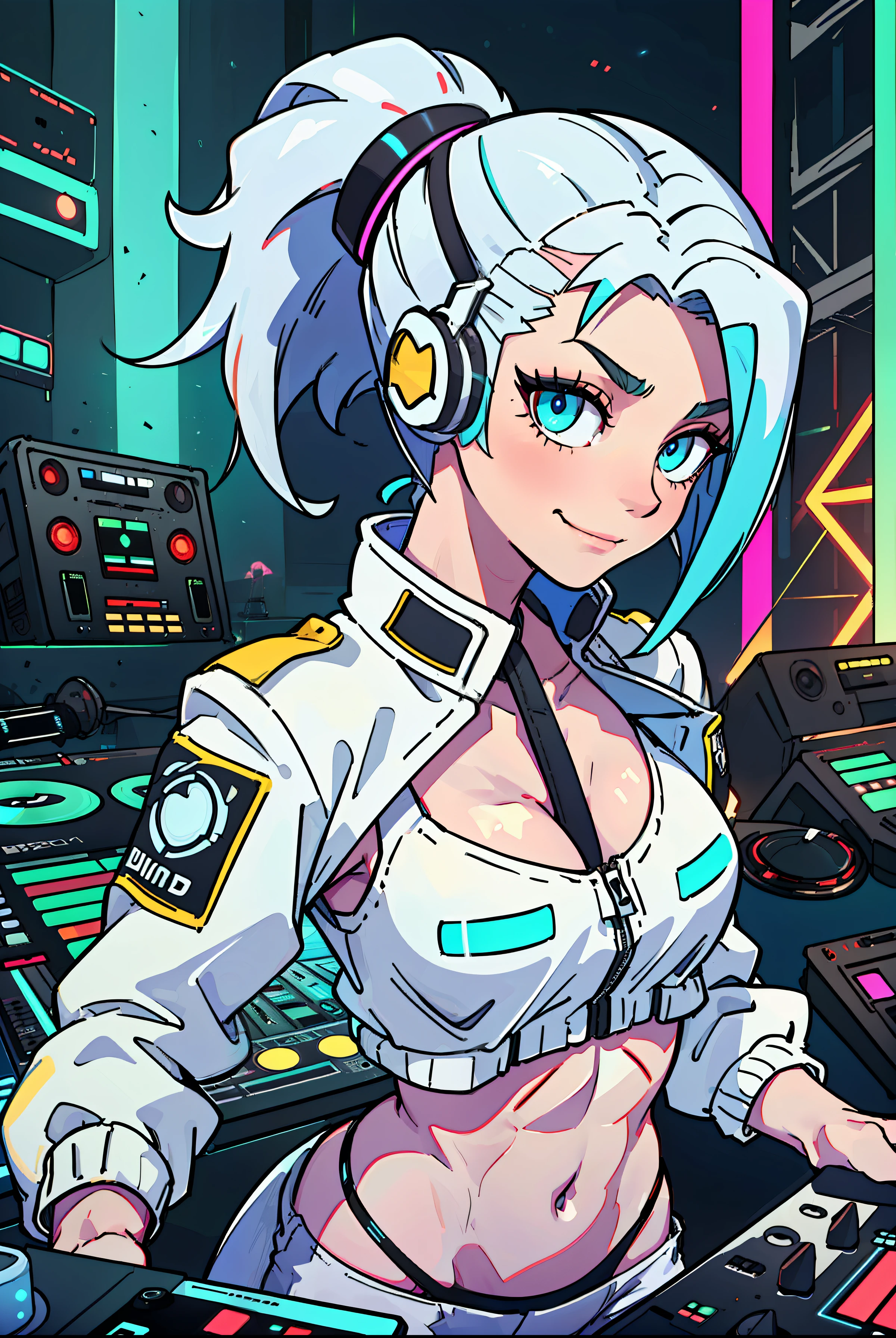 (tomboy woman DJing on turntables on stage at EDM festival:1.3), EDM event lighting effects, on stage in front of crowd, giant futuristic screens in background, neon room, (white cropped jacket:1.1), (vivid glowing blue eyes:1.2), (white hair:1.2), (cyan streaks in hair:1.2), high ponytail, (cocky smirk:1.2), (abs:1.2), rave lights, (lasers in background:1.2), glowing light strips on clothes, slim build, looking at viewer, giant speakers in background, beautiful glossy reflective detailed eyes, (high leg panties:1.2), (white cargo pants:1.3), (thin straps over hip bones:1.3), (hip straps:1.3), (side shave:1.3), (undercut:1.2), defined hip bones, cleavage, lean