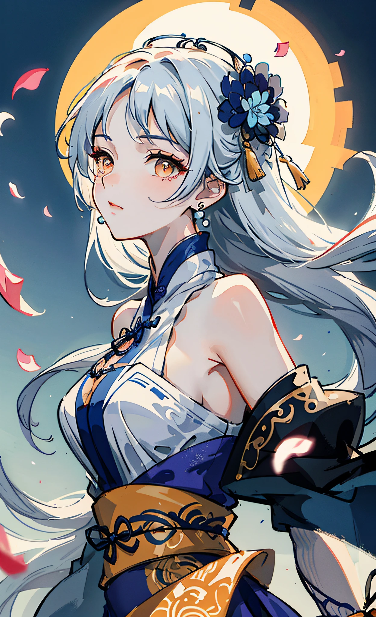 Mature girl, dark orange eyes, blue-white hair color, floating hair, delicate and flexible eyes, intricate damask hanfu, bare shoulders, big breasts, gorgeous accessories, wearing pearl earrings, fov, f/1.8, masterpiece, ancient Chinese style architecture, blue sky, flower petals flying, front portrait shot, Chang'e, side light, sunlight on people, 8K