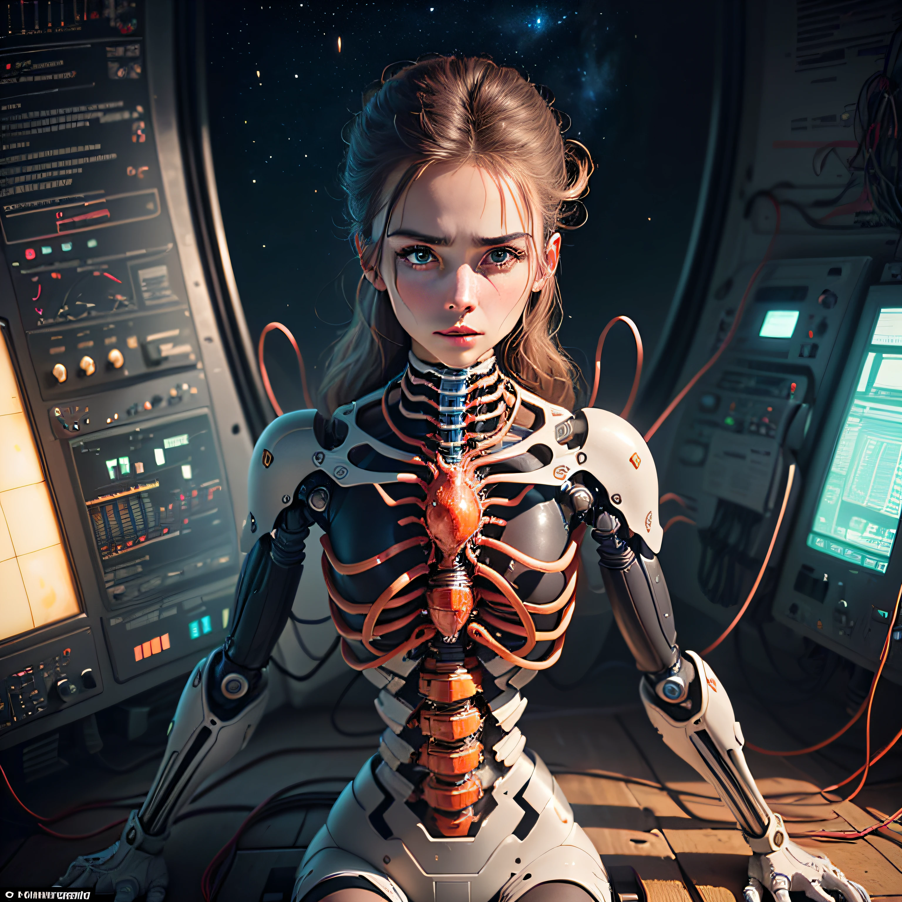 (Masterworks: 1.2), High Quality, High Detail, (Telephoto Lens: 1.1), Universe, (Space: 1.1), (Nebula: 1.2), (Interstellar: 1.2)((((masterpiece))), ((((best quality)))), (((ultra-detailed))), (highly detailed CG illustration), ((an extremely delicate and beautiful face)),(cute and delicate face), cinematic light, ((1 mechanical girl)), solo, whole body, (machine-made joints: 1.4), ((mechanical limbs)), (blood vessels connected to tubes), ((vertebra mechanics attached to the back)), ((mechanical cervial attached to the neck)),((sitting)),expressionless,(wires and cables attached to the head and body: 1,5),(focus on the character),science fiction --auto