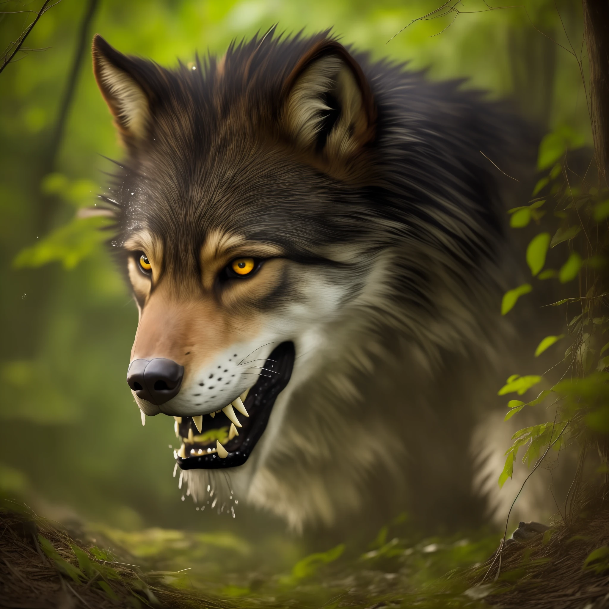 8k, RAW photo, portrait, best quality, ultra realistic In the heart of a dense and forgotten forest, in the pale light of the full moon, an ancestral creature emerges from its shadowy burrow. His silky black hair covers his muscular body, while his sharp claws glow as they tear through the soggy ground. His yellow, piercing, wild eyes glow with an uncontrollable hunger. It's a werewolf