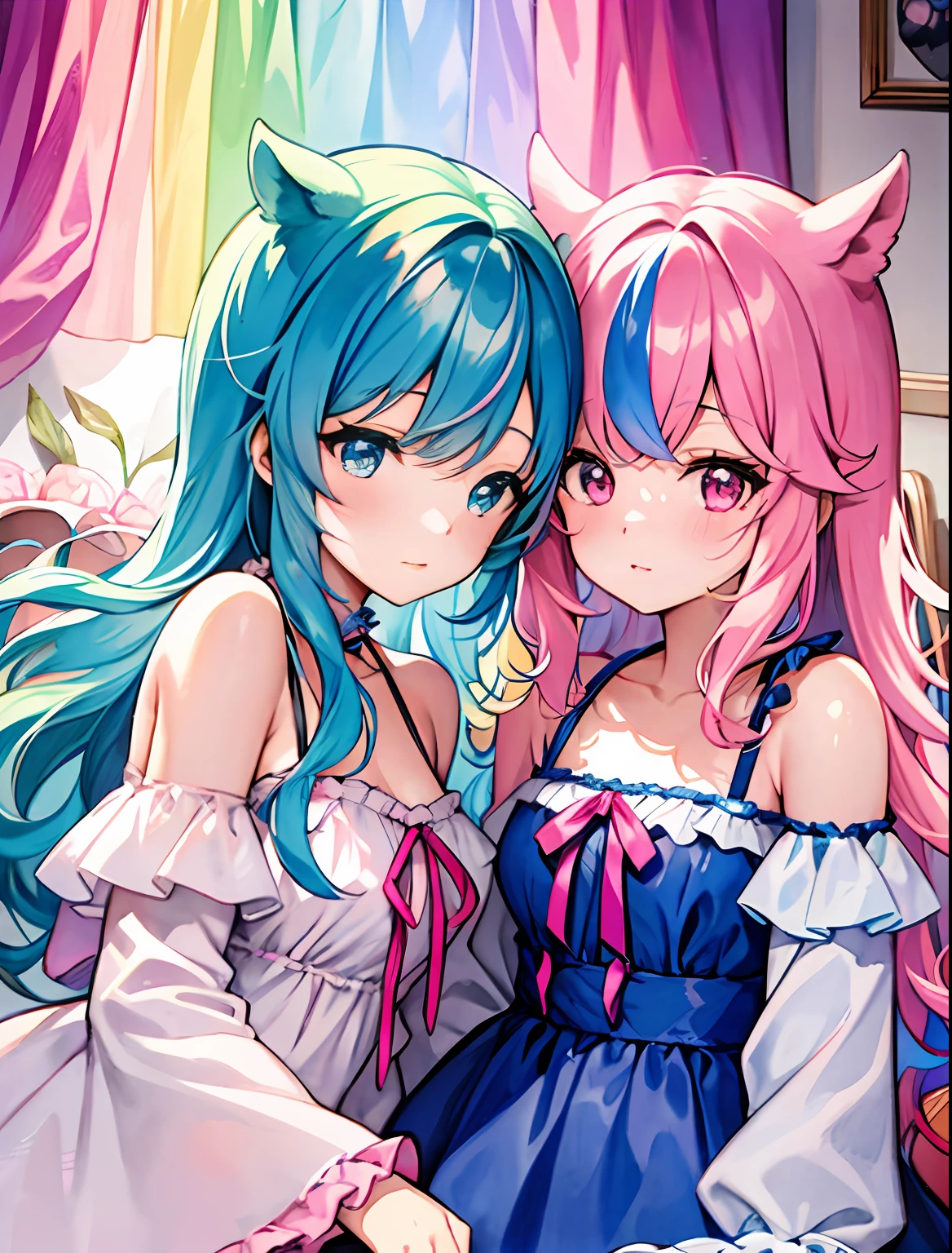 Yumekawa, dreamily cute, pale, moya, (masterpiece, highest quality, highest quality, watercolor (medium), official art, beautiful and aesthetic: 1.2), (two girls: 1.3), (pajamas: 1.3), upper body, flirting, lesbian, lolita fashion, lolita, watching viewer, pattern, break, (iridescent hair, colorful hair, half blue and half pink hair: 1.2), break, soap bubble, rainbow behind, cloud, colorful, soap bubble, hair spread throughout, cute, pastel, cute room, rainbow color stuffed unicorn, sleeping on bed