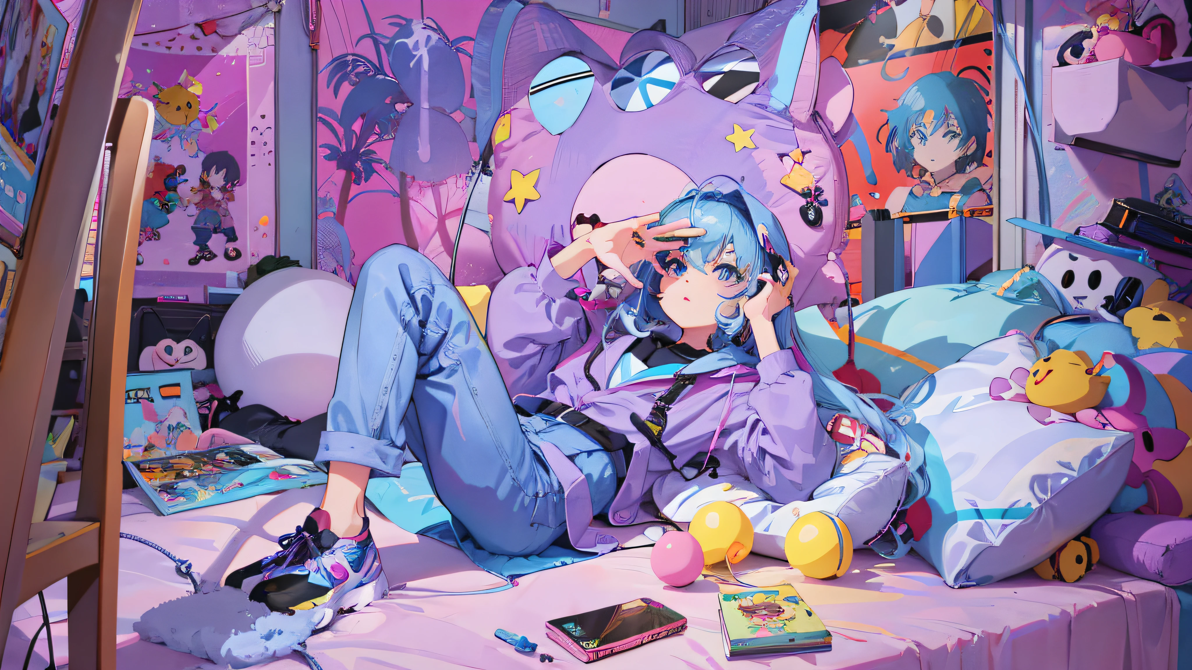 anime - style girl laying on a bed with a bunch of toys, anime style 4 k, 8 0 s anime vibe, best anime 4k konachan wallpaper, e-girl, e - girl, 8 0 s anime style, anime vibes, 2 d anime style, 8 0 s anime art style, anime aesthetic, anime art wallpaper 8 k