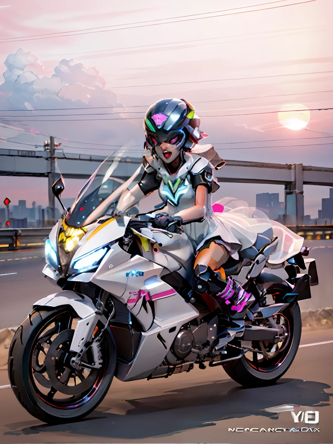 ((((mechanical girl)))) wearing ((pink wedding dress)), riding a motorcycle on the highway with a helmet, riding a futuristic motorcycle, sitting on a cyberpunk motorcycle, very beautiful (burning clouds), sunset, riding a motorcycle, wearing a helmet, motorcycle flashing (((((neon lights)))), girl screaming yolo - aesthetics, riding motorcycle, motorcyclist, electronic girl, E - girl, style like a ghost in the shell, sitting on a motorcycle, sand creek, (3d rendering)
