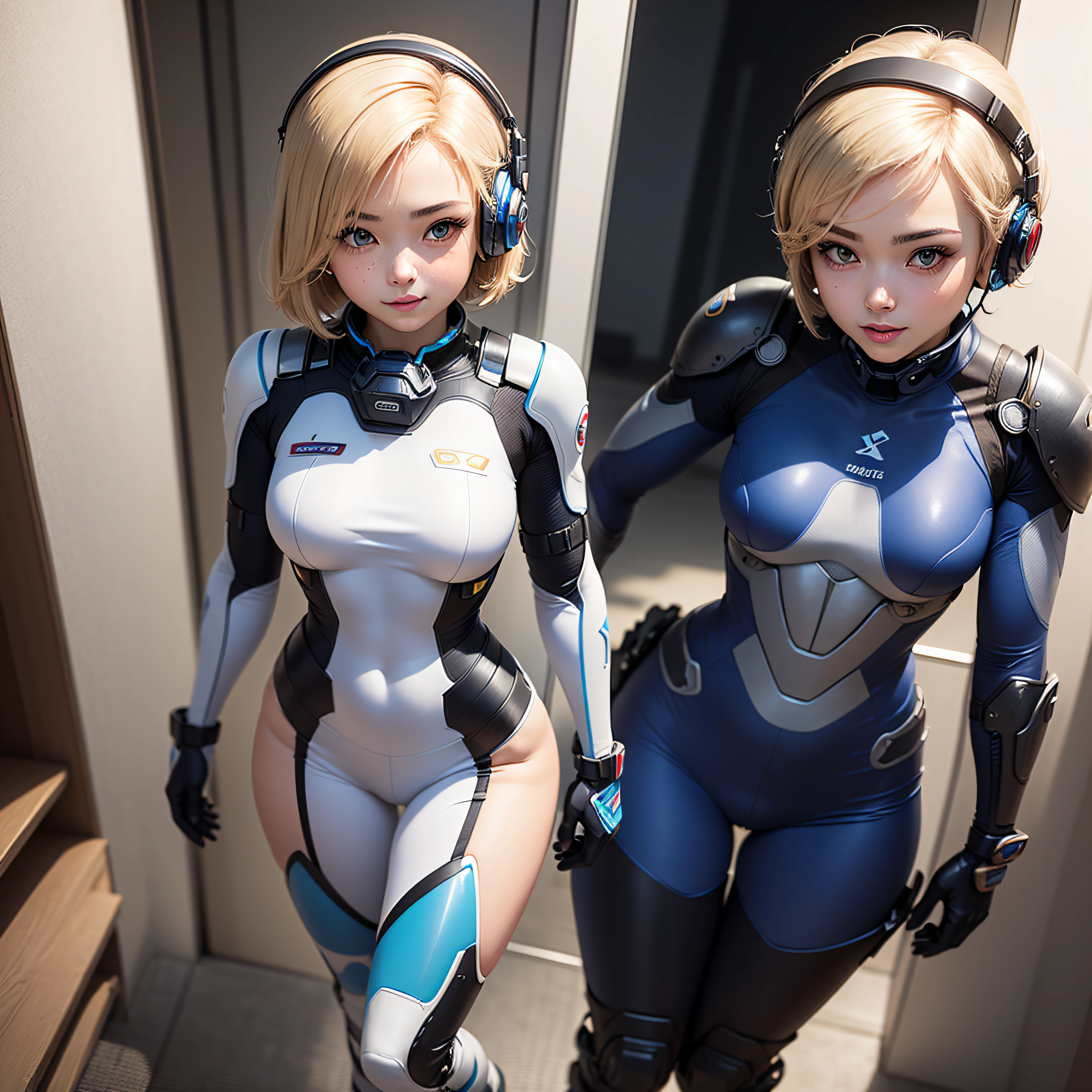 (masterpiece, highest quality, highest resolution, distinct_image, detailed details): (Solo, lone girl, short hair, face is Japan, blonde girl, full body figure, watch viewer, small size breasts, sparkling blue color eyes, pilot suit in white and blue colors, tight fit clothes, clothes that cover the whole body, beauty, cuteness, gentle smile, blush, slim body, exoskeleton, Heroine, headset, gloves, long boots)