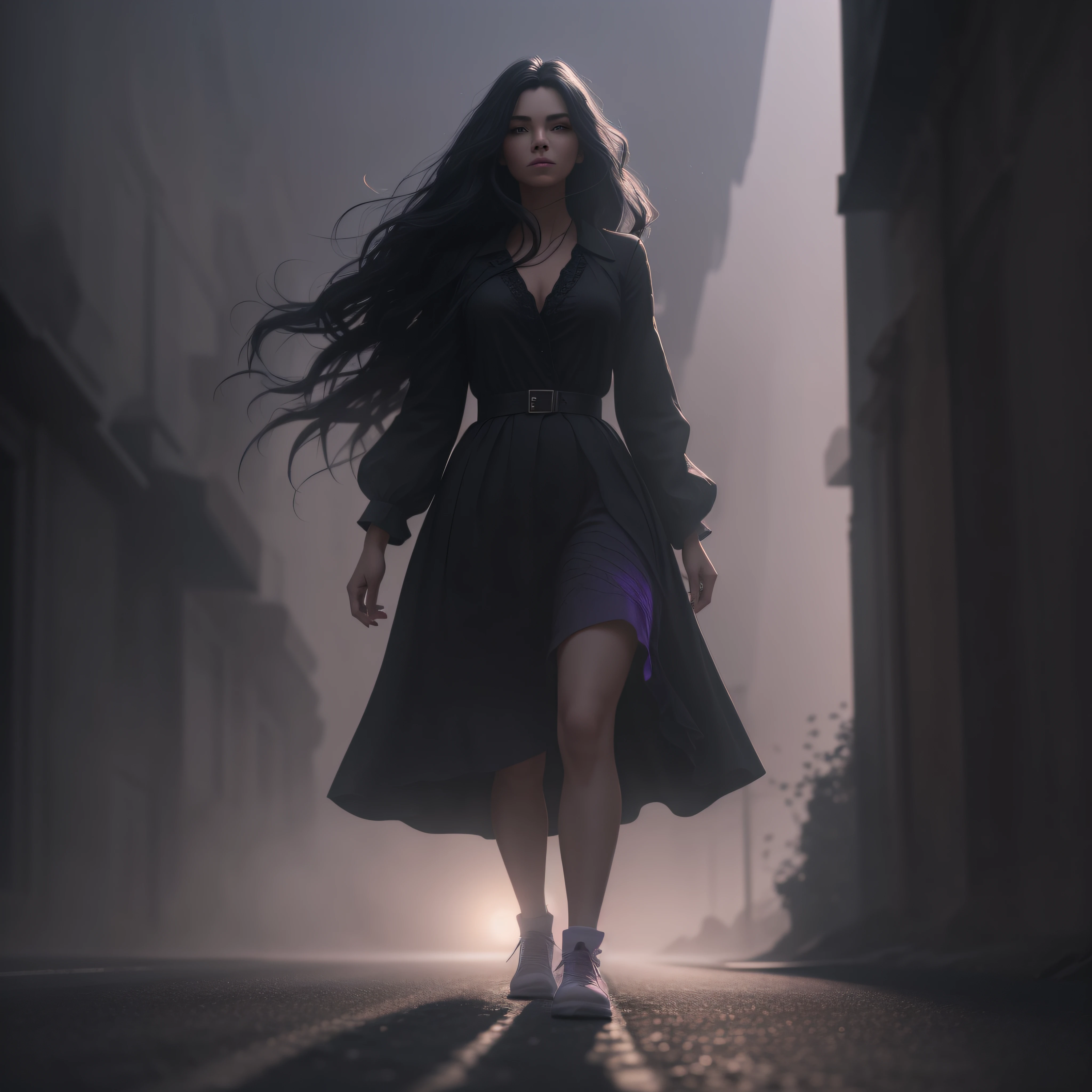 Woman walking head-on down a road at night, with fog and shadows, wavy and long black hair, detailed hand and fingers, high quality, ultra-detailed, 8k, masterpiece, (volumetric lighting), black magic, fanciful, lilac colors, purple, black and vivid shadows on the woman's return. --auto --s2