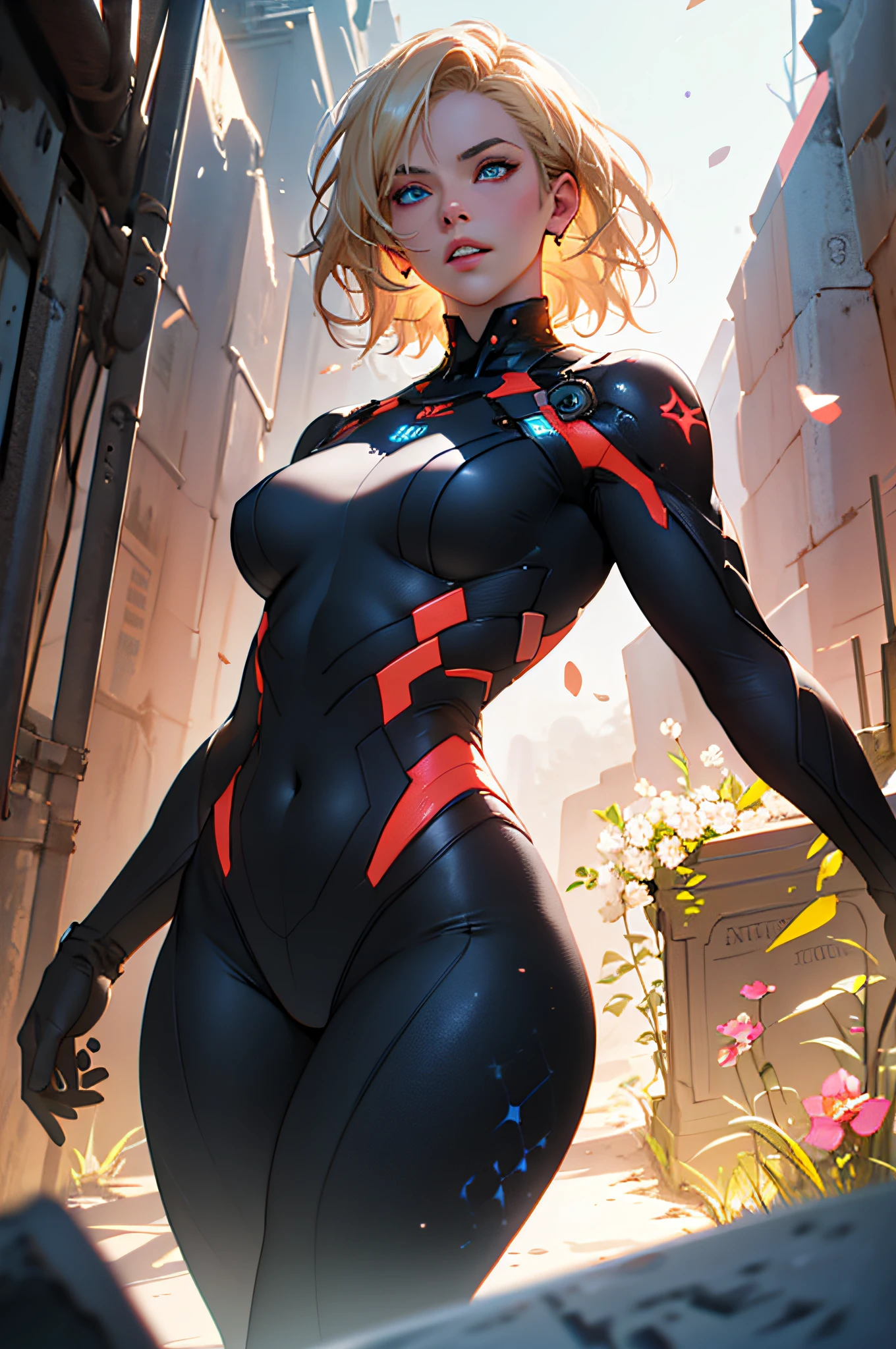 Highly detailed RAW color photo, beautiful young woman, short blonde hair, dynamic pose, (wide hips), (detailed skin), (detailed lips), (detailed eyes), (cosmic: 1.4), (necropolis: 1.1), (science fiction setting) (detailed face), (curvy), red clothing, detailed eyes, chromatic aberration, depth of field, soft lighting, masterpiece, best quality, intricate, (lens reflection: 0.7), (flowering: 0.7), particle effects, ray tracing, tone mapping, highly detailed, concept art, smooth, sharp focus, dramatic lighting, highly detailed art, cinematic, hyper-realistic painting, trending on Artstation, 8K, amazing shadows, realistic, (highly detailed background: 1.2), mid-journey art