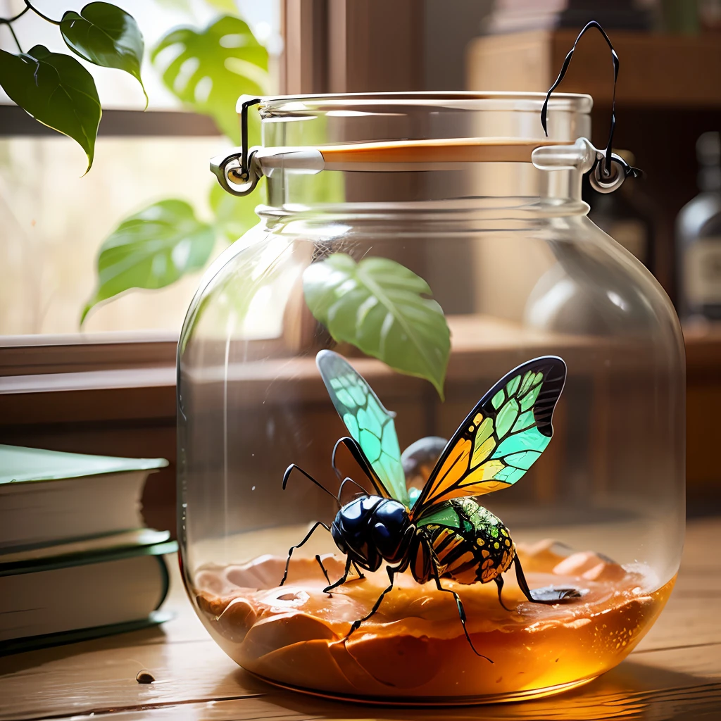 a very exotic insect, inside a glass jar --auto --s2