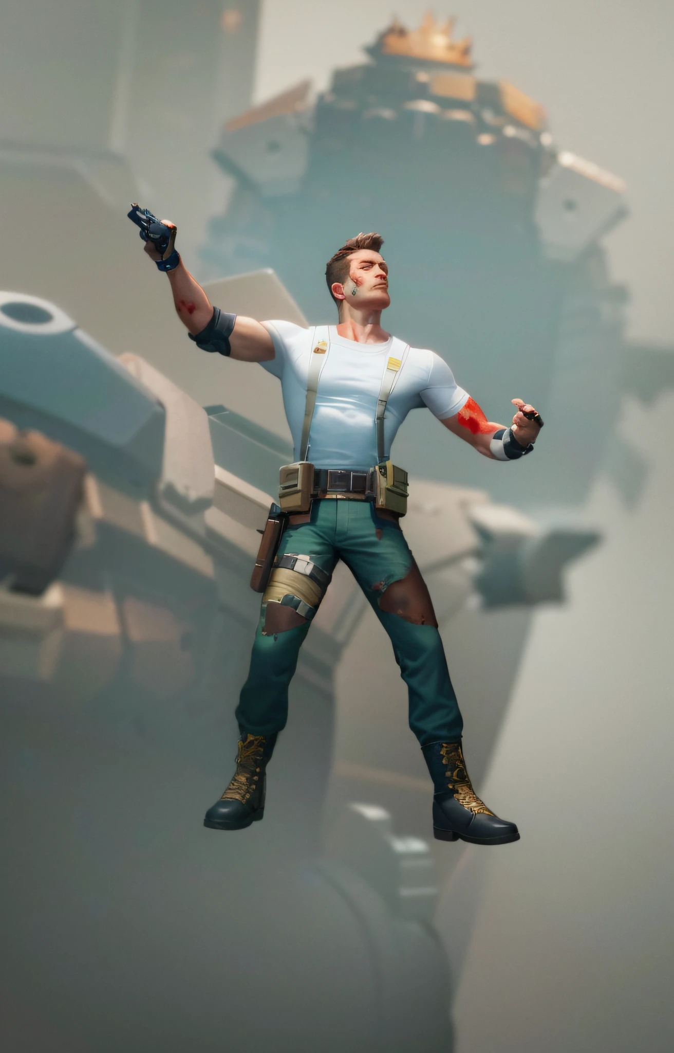 Wearing military uniform with gun, character art Contra, 3 D rendering of Gemma 9 8 5, Chris Redfield, SFM rendering, serious Sam as smash character, male character, warrior pose, hero male pose, character pose, fighting game character, Arnold rendering, heavy weapon guy, hero pose, very many details, blood stains on the body, torn clothes, delicate facial features, a lot of bullets on the body, a white top, green military pants, a pure gray background, a vicious facial expression, the correct head