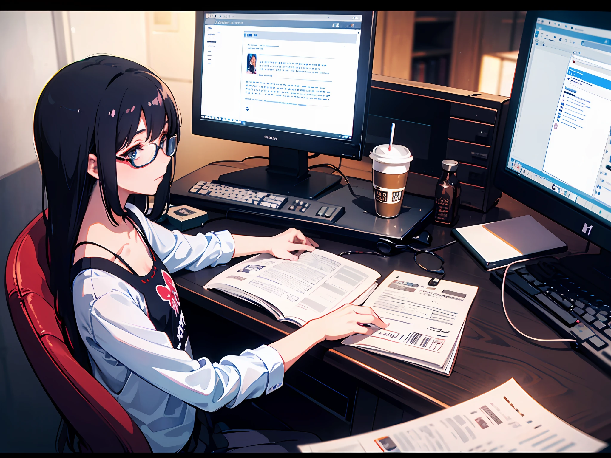 Emily, a young girl, wearing glasses, polite, journalistic look, flat chested, capable look, capable look, in the silent night, sitting at the desk, the desk is full of manuscripts, and a cup of coffee, side view, eyes looking at the computer, anime perspective, HD surreal, extreme color, dopamine matching color. --auto