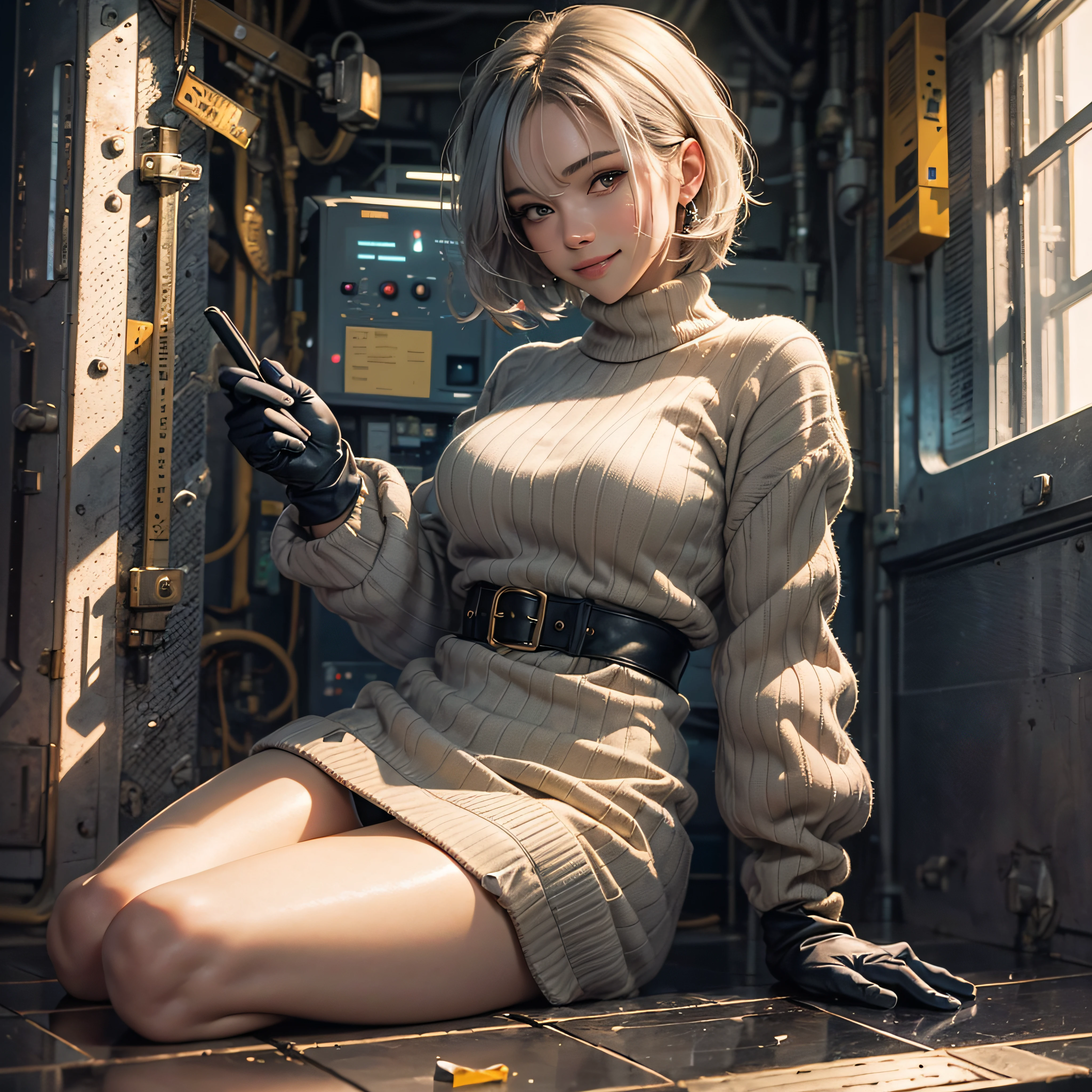 Full body, gray hair, (Dragoon: 1.2), Brantovan, masterpiece, best quality, official art, very elaborate CG Unity 8K wallpaper, for girls, ultra high resolution, (photorealistic: 1.4), golden hour lighting, sweater dress, (upper body), (platinum shorthair: 0.8), (y eyes), looking at the viewer, frontal, smile, medium breantle smile, Shirt lift, gloves, short hair