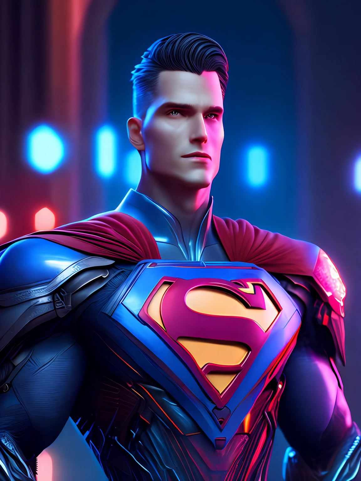 Portrait, DC Superman, biomechanical, complex robot, full growth, hyper-realistic, insane little details, extremely clean lines, cyberpunk aesthetic, masterpiece presented in Zbrush Central, gothic brutalist cathedral, cyberpunk, award-winning photo, bokeh, neon lights, cybernetic member