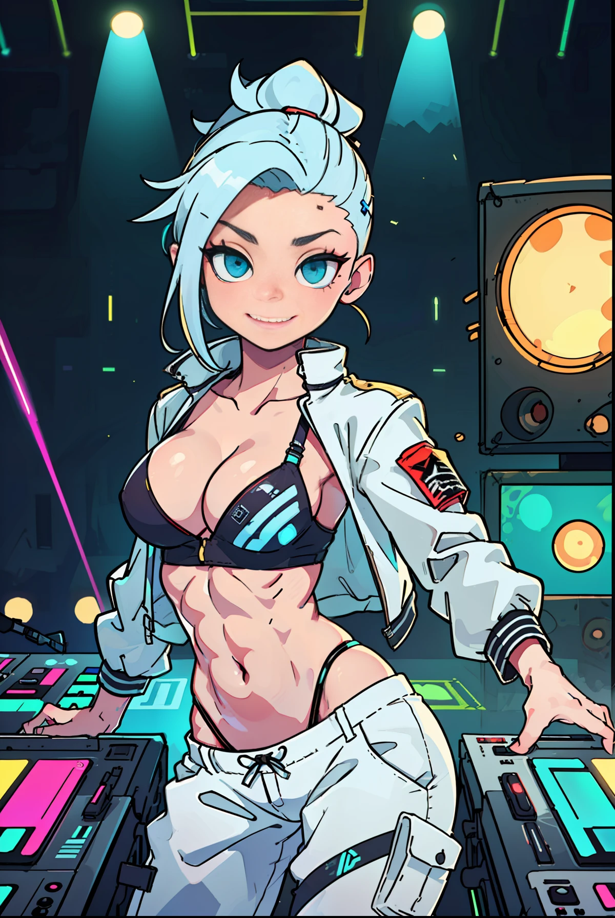 (tomboy woman DJing on turntables on stage at EDM festival:1.3), EDM event lighting effects, on stage in front of crowd, giant futuristic screens in background, neon room, (white cropped jacket:1.1), (vivid glowing blue eyes:1.2), (white hair:1.2), (cyan streaks in hair:1.2), high ponytail, (cocky smirk:1.2), (abs:1.2), rave lights, (lasers in background:1.2), glowing light strips on clothes, slim build, looking at viewer, giant speakers in background, beautiful glossy reflective detailed eyes, (high leg panties:1.2), (white cargo pants:1.3), (thin straps over hip bones:1.3), (hip straps:1.3), (side shave:1.3), (undercut:1.2), defined hip bones, cleavage, lean