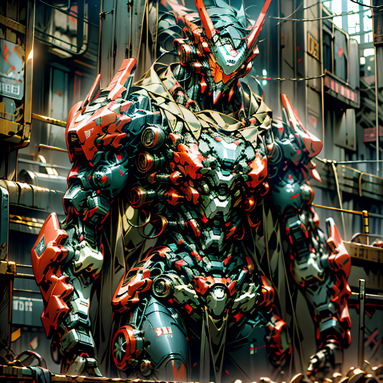 Dark_Fantasy,Cyberpunk,(chain saw,chain saw man,Red:1.1),1man,Mechanical marvel,Robotic presence,Cybernetic guardian, wearing a worn-out mech suit, intricate, (steel metal [rusty]), elegant, clear focus, shot by greg rutkowski, soft lighting, vibrant colors, masterpiece, ((street)), cowboy shot, dynamic pose,