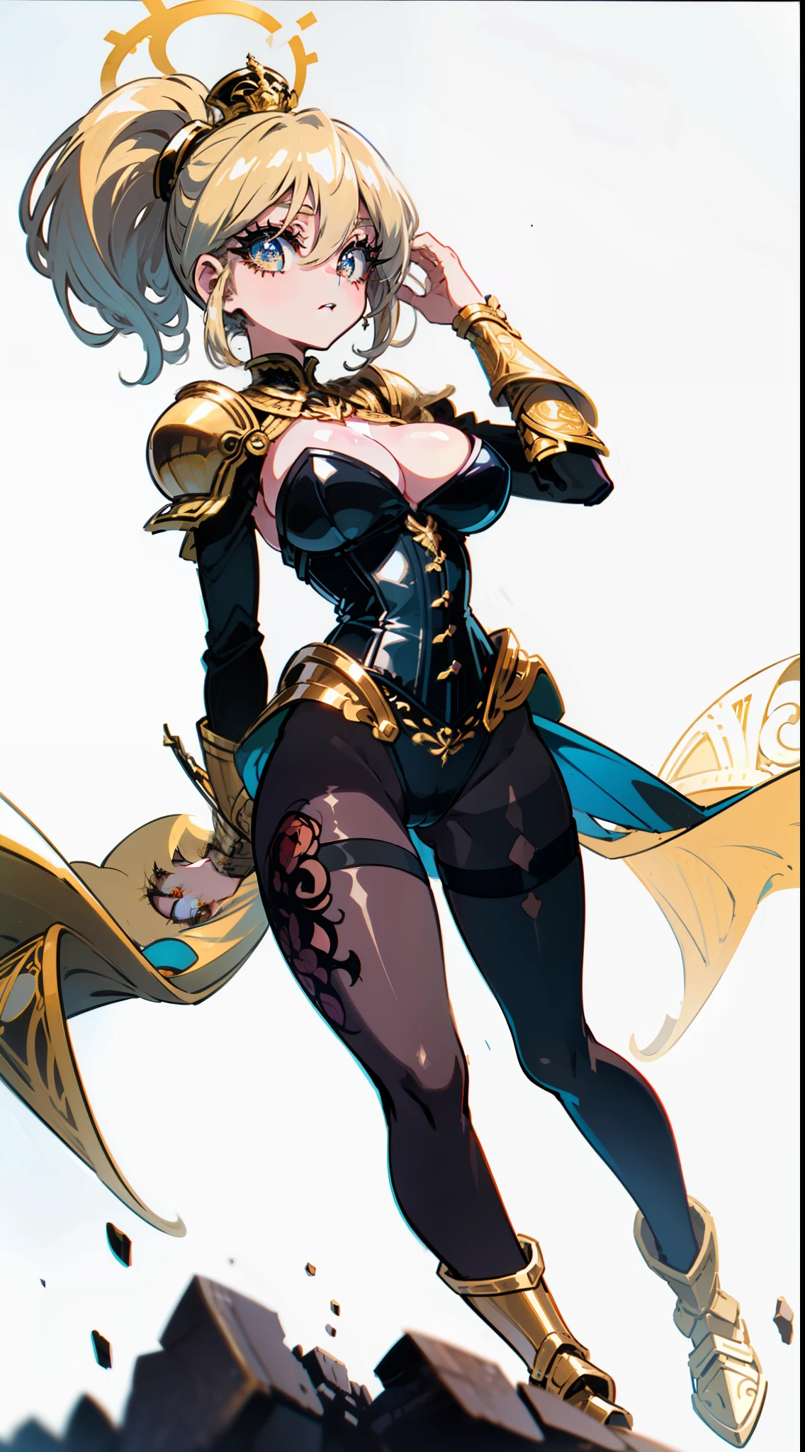 "(masterpiece), best quality, 
1girl, (80s anime style:1.5), (eyelashes:1.5),
(intricate high detailed body:1.2), 
blonde hair, 
(hair between eyes:1.2), (ponytail:1.1), 
brown eyes, 
(slim body:1.2), 
(large breasts:1.2), 
(goth, red lip stick, eye shadow:1.1), 
naughty face, 
(golden embroidery leotard, corset:1.2), (pantyhose:1.3), 
(knight armor, armored boots:1.2), 
hand cuffs, holy hat, 
(dynamic pose:1.1), 
(full body:1.1)
(simple white background:1.3)"