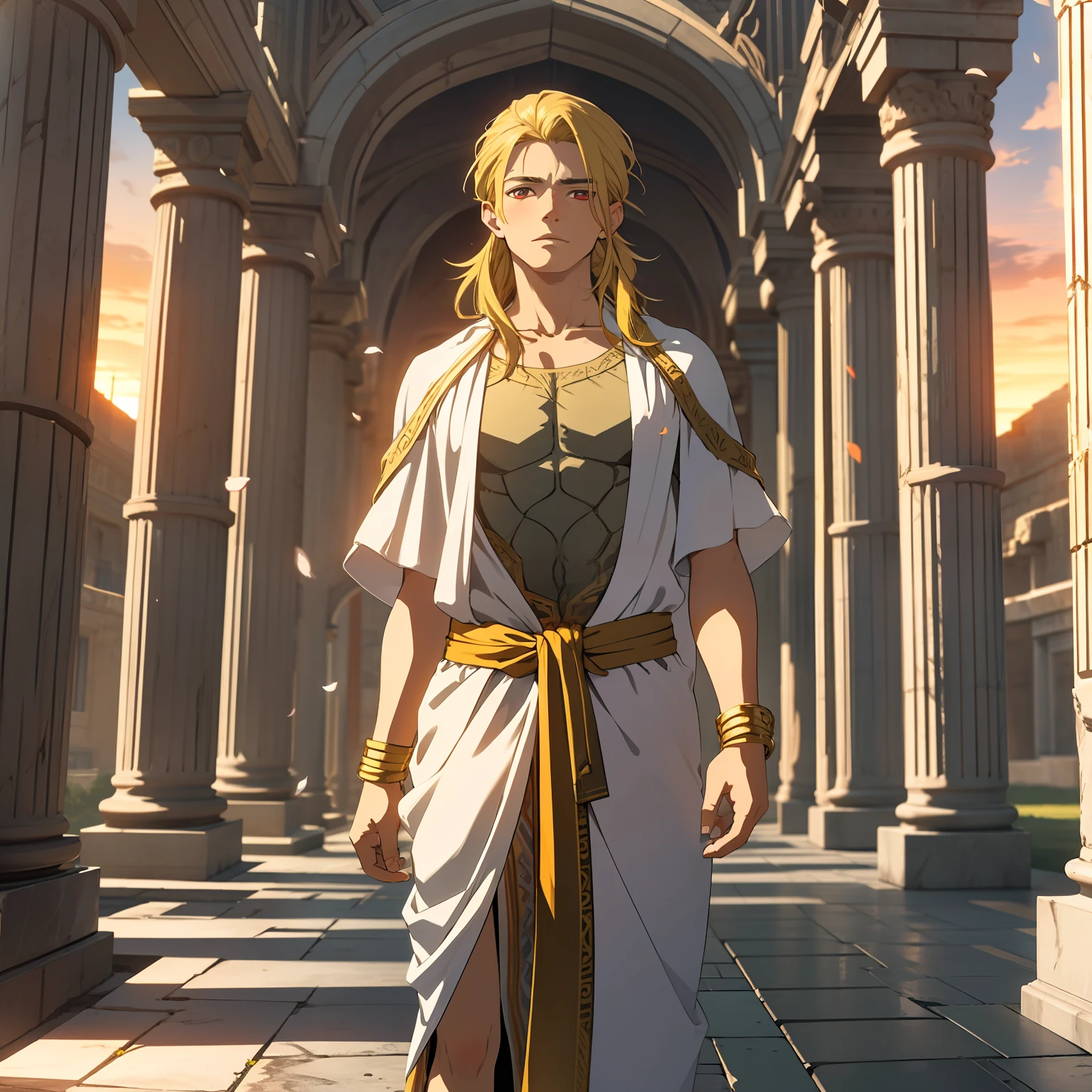 18 year old boy, long blonde hair, red eyes, wearing white toga, wearing metal bracelets, in an ancient Greek palace, white marble, red flags around, beige petals spread, 4K, looking at the viewer, sunset