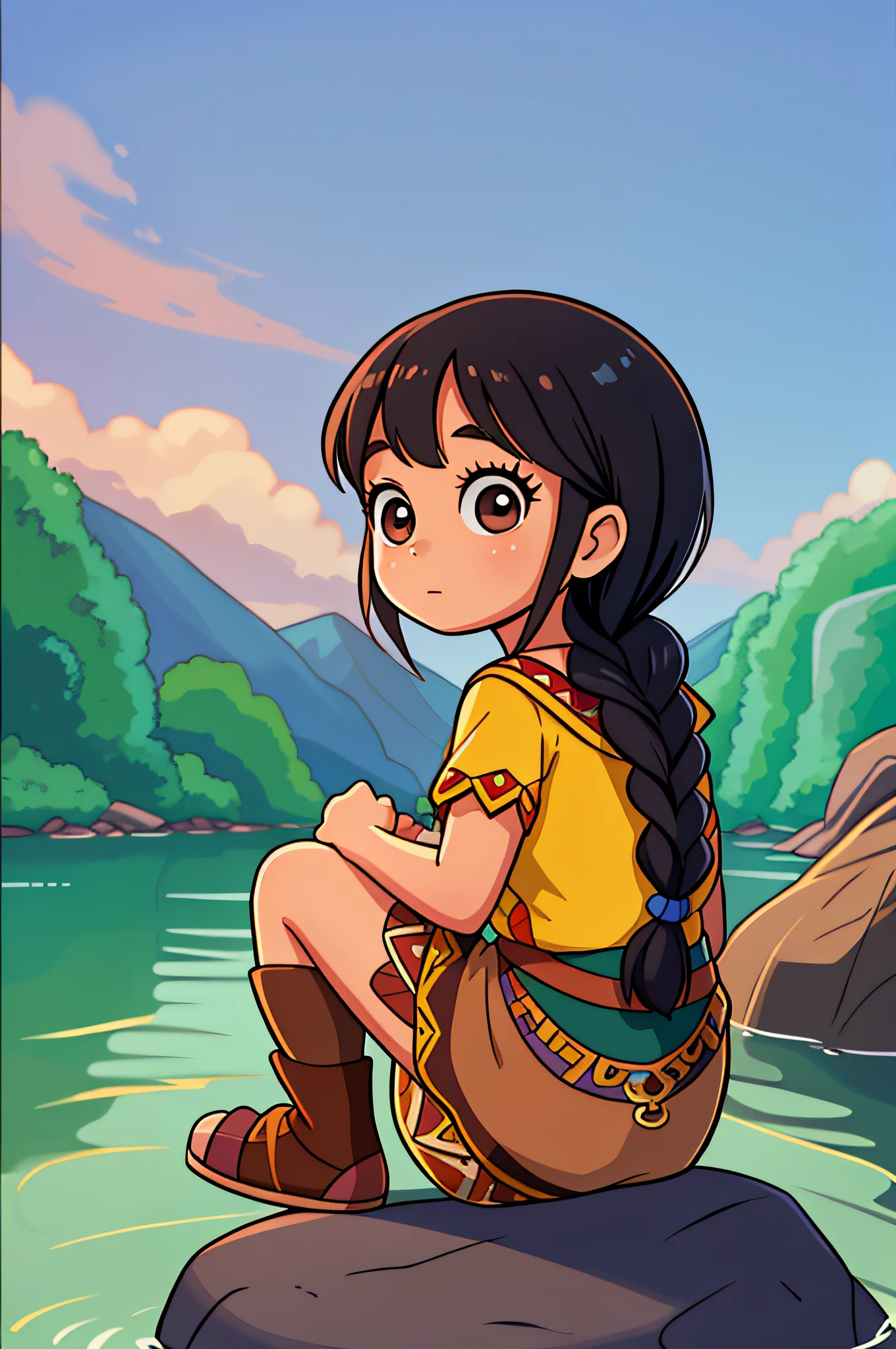 A 10-year-old child, dressed by the character Pocahontas, Amazon, with a slipper, sitting on a rock in the river, Toon, Pixar style, 3D, cartoons, detailed face, asymmetrical, brown eyes, black hair, wearing braid in hair, brown color