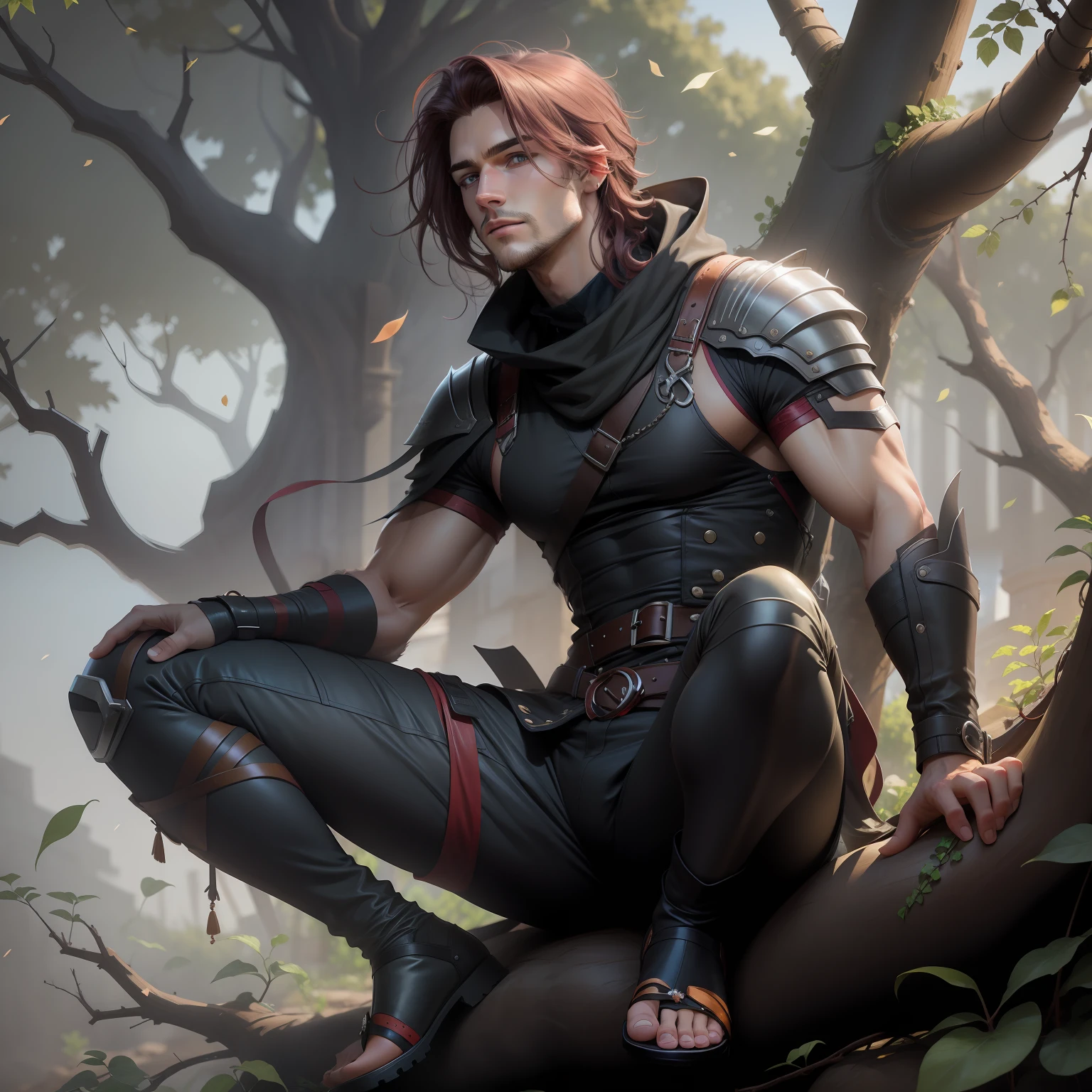 wine colored flowing hair, manly face