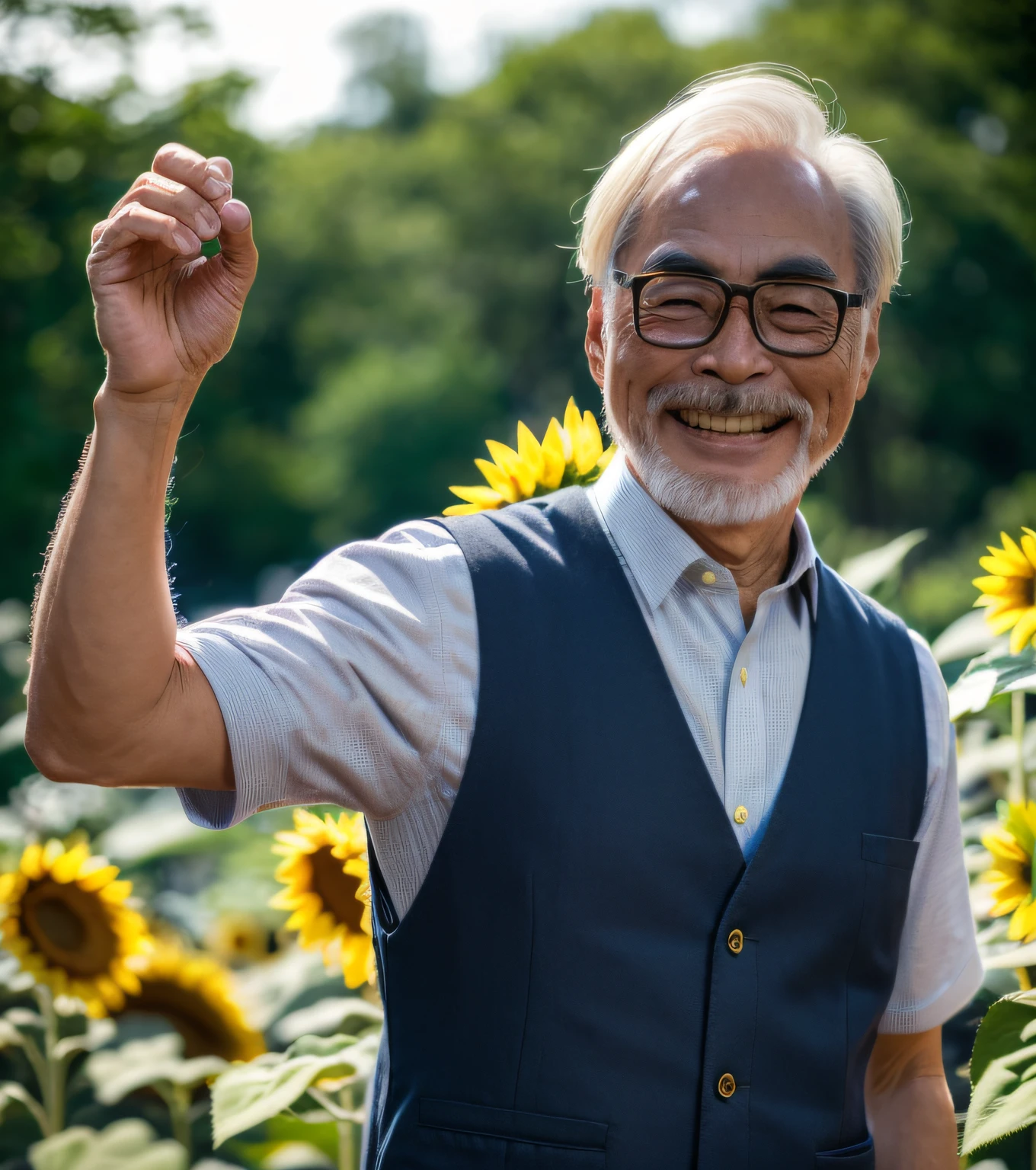 (A medium photo of  gongqijun,oldman),wearing(brown vest,babyblue shirt),smile,(standing on sea of sunflowers),sunlight,(sunflower petal in air),(masterpiece) (photorealistic:1.2) (bokeh) (best quality) (detailed skin) (intricate) (8k) (HDR) (cinematic lighting) (sharp focus)