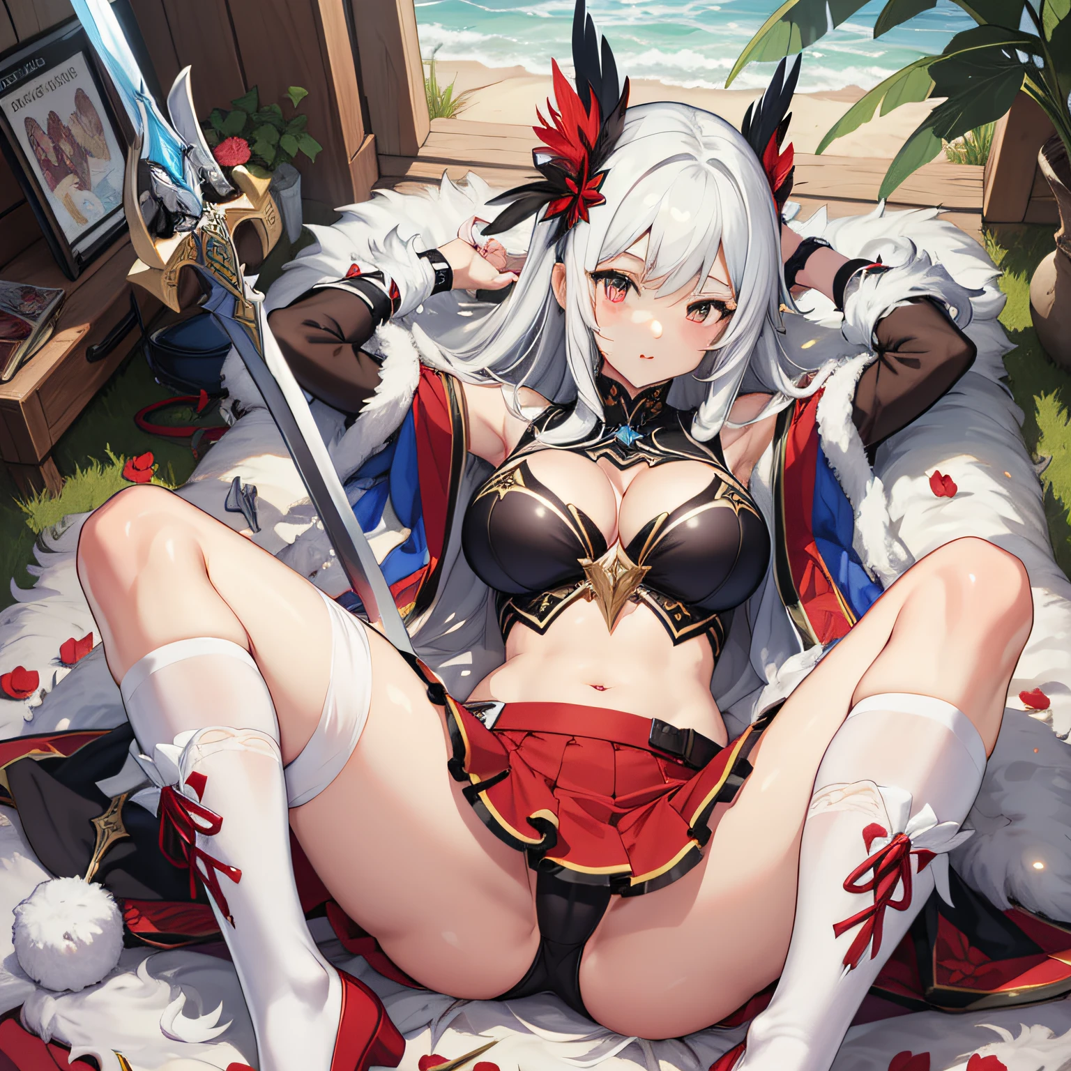 Anime style. Girl. A world of swords and sorcery. White and red and black armor. Angel. White underwear. Large feathers. Miniskirt. Knee-high socks. Big tits. Lying down and opening his crotch.