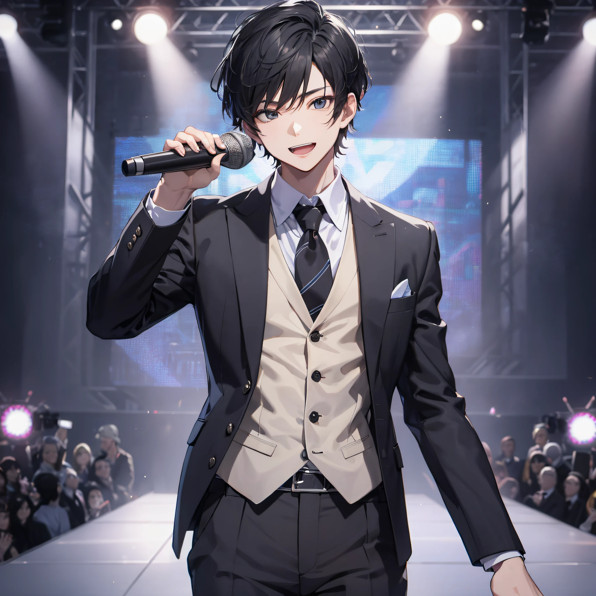 Ridiculous resolution, high resolution, (masterpiece: 1.4), hyper-detail, talk show stage, young man neat short black hair, black suit, holding a microphone, expression serious and excited