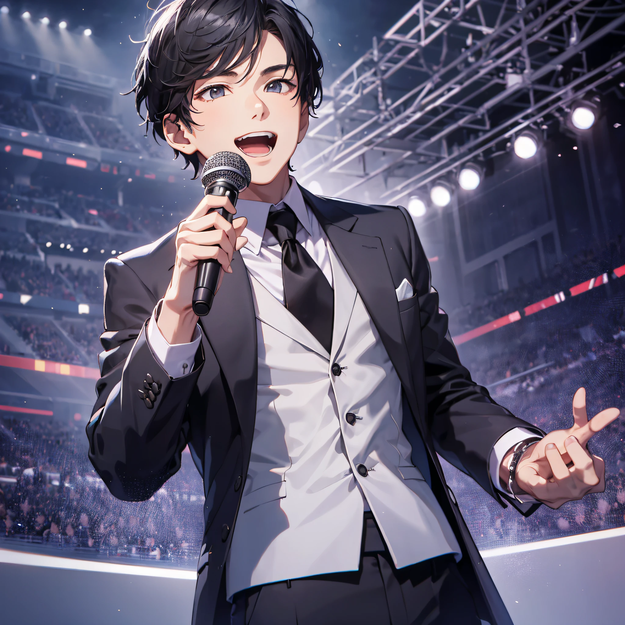 Ridiculous resolution, high resolution, (masterpiece: 1.4), hyper-detail, talk show stage, young man neat short black hair, black suit, holding a microphone, expression serious and excited