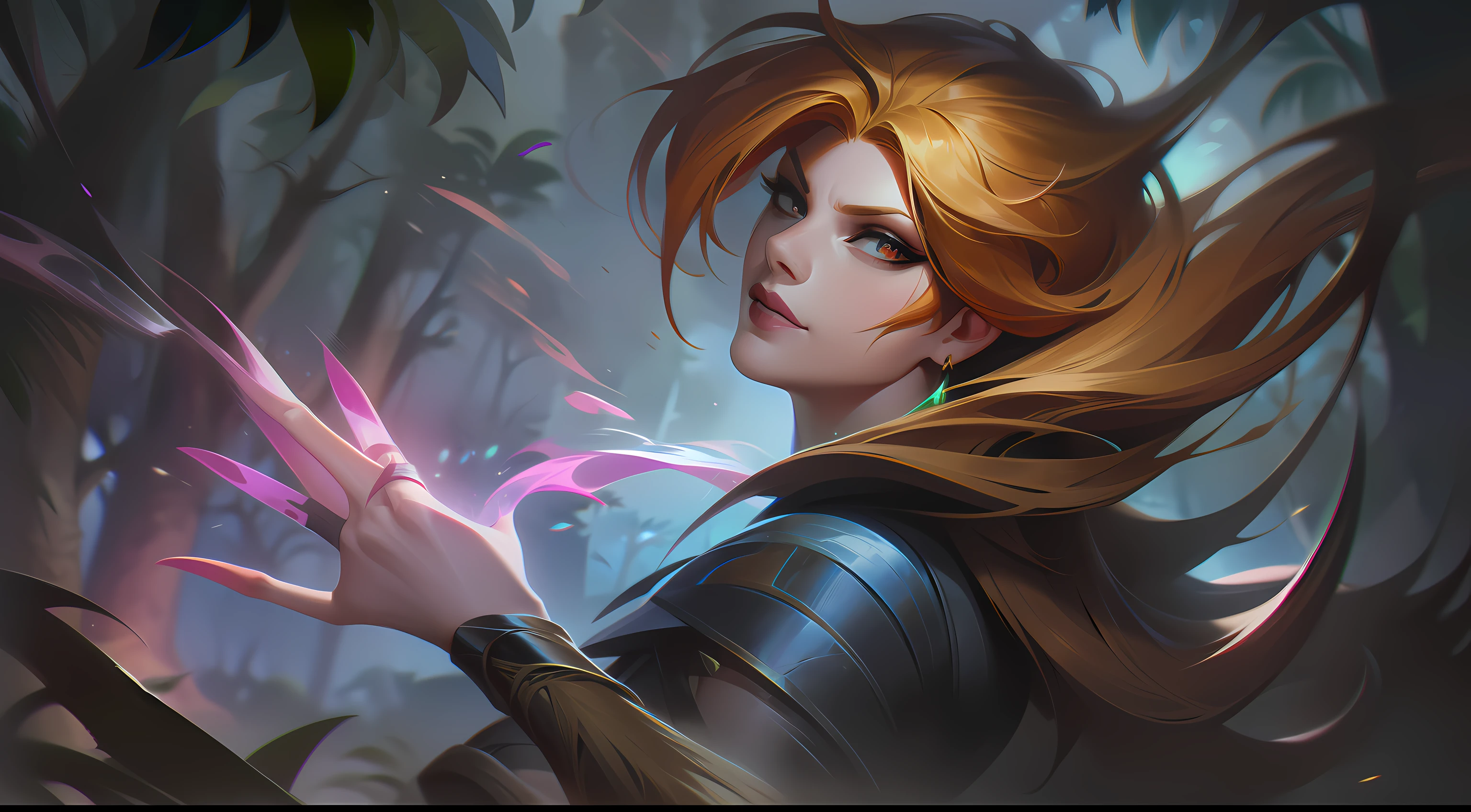 a woman with medium orange hair with wild pose using her Elemental Claw Proficiency to scratch wood + possess great skill in wielding elemental base claws + the background is a jungle with green trees + femme fatale splashart, splashart, splashart from League of Legends, art, brush stroke, masterpiece, 8k, ultra detailed, HD